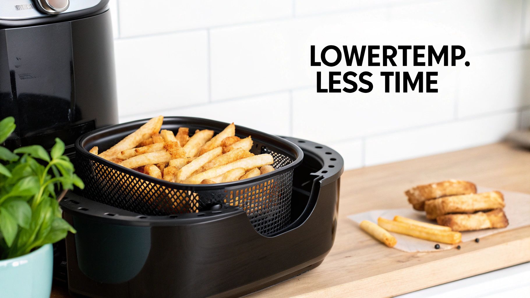 A black air fryer with a basket full of golden-brown french fries on a kitchen counter, with toast and text 'LOWER TEMP. LESS TIME'.
