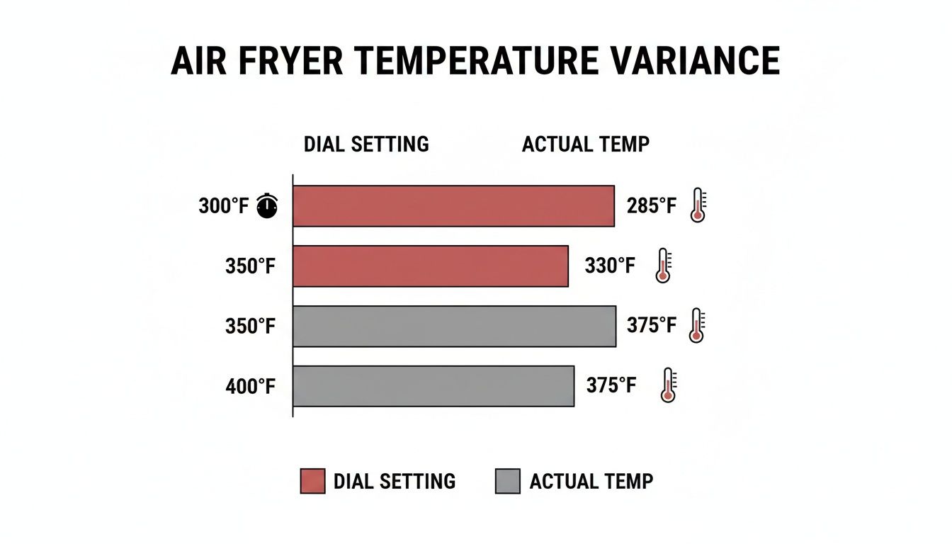 Bar chart illustrating air fryer temperature variance between dial settings and actual internal temperatures.