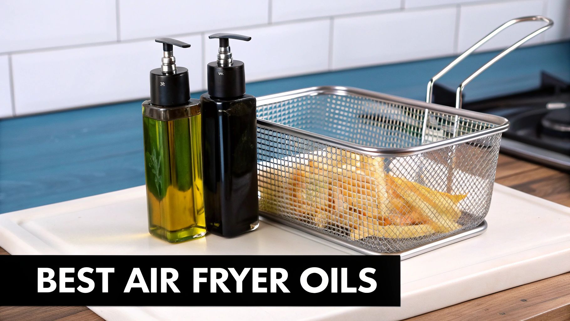 Two oil dispensers and an air fryer basket filled with golden french fries on a kitchen counter.
