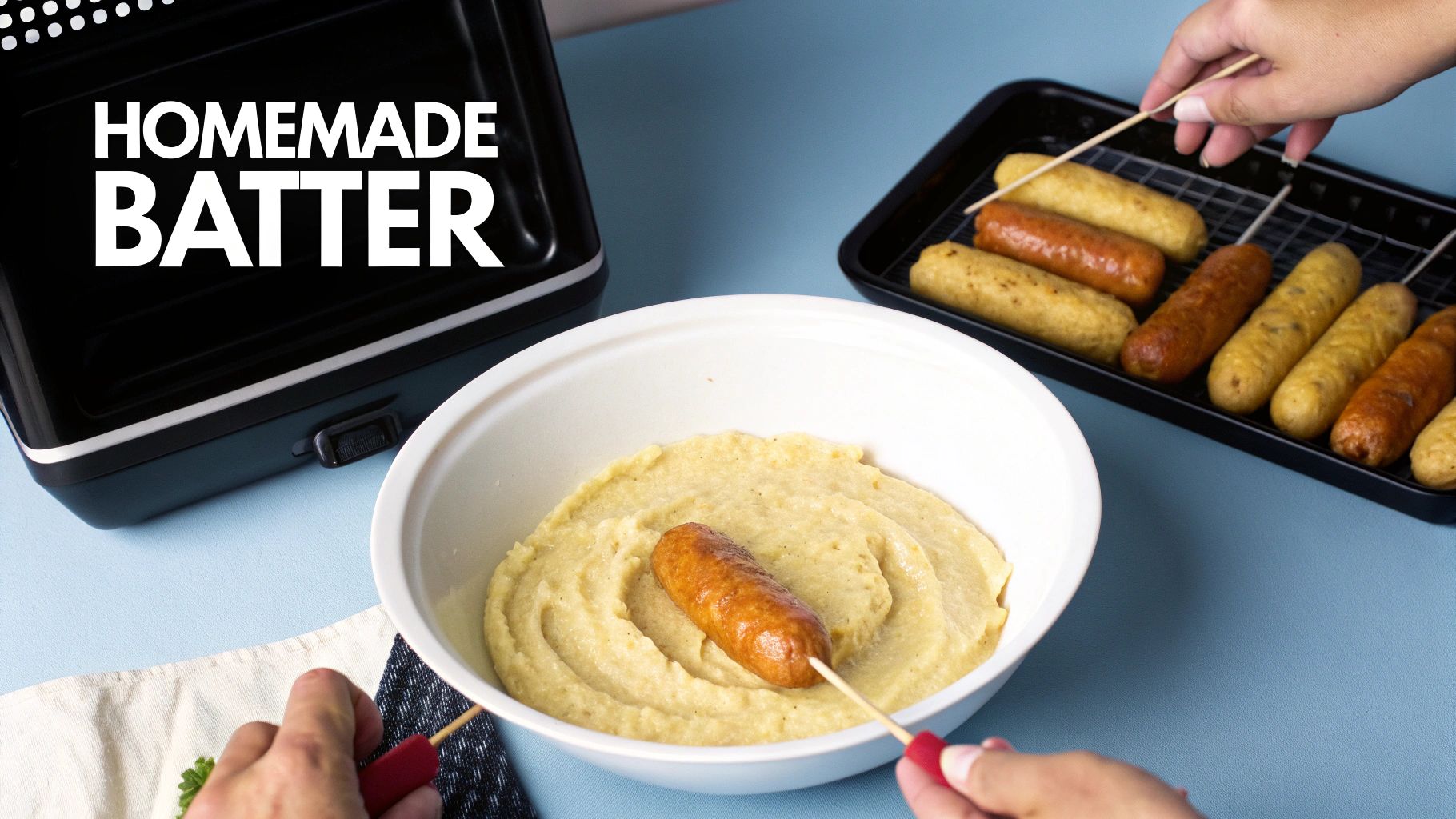 Hands dip a sausage into homemade batter, preparing mini corn dogs, with cooked ones on a rack.