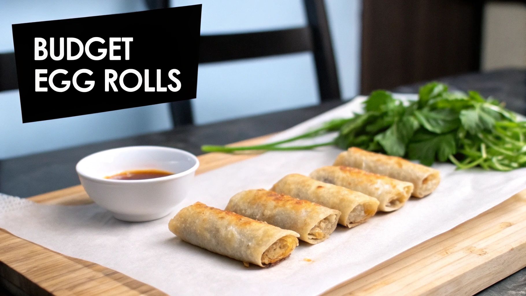 Golden brown budget egg rolls with dipping sauce and fresh herbs on a wooden board.