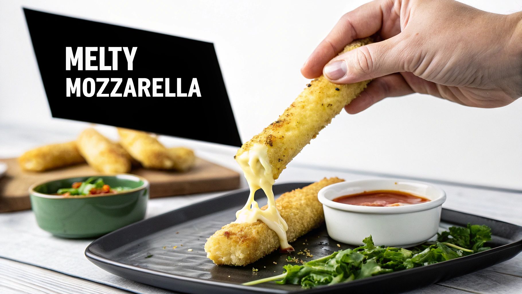 A hand pulls a melty mozzarella stick, stretching cheese over another, on a plate with sauce and greens.