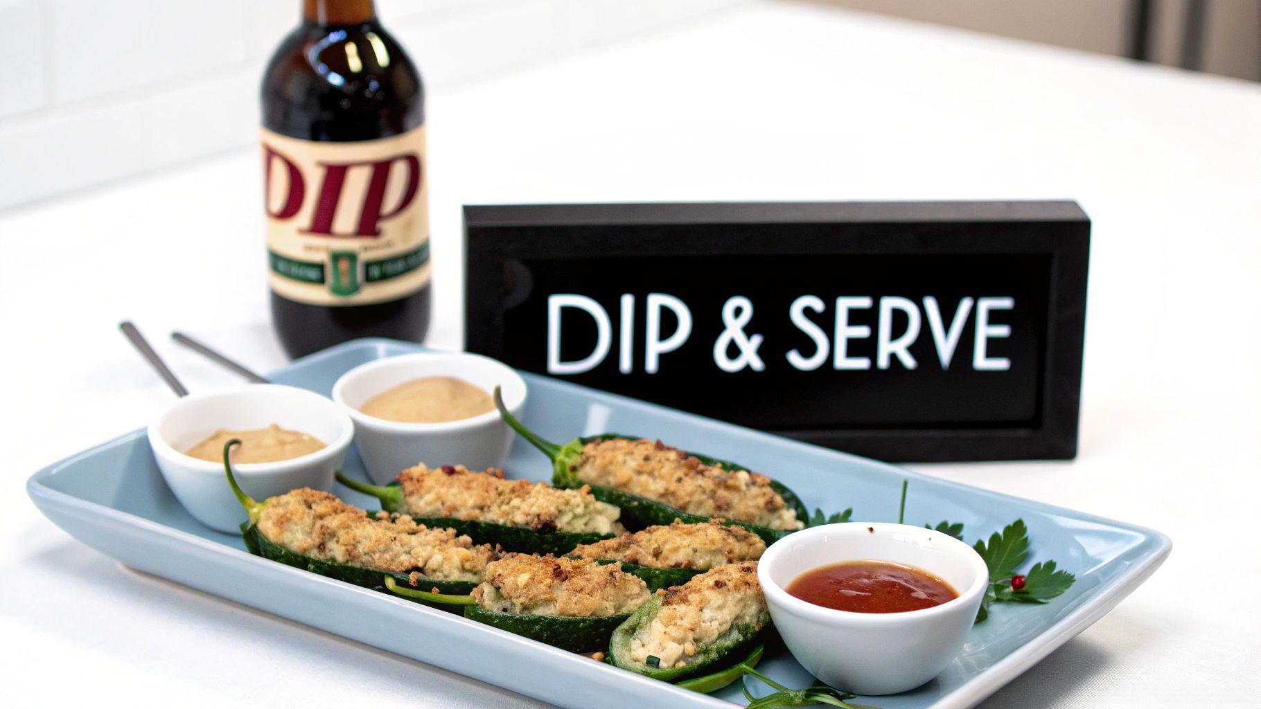 A light blue platter filled with baked jalapeno poppers, various dips, and a “DIP & SERVE” sign.