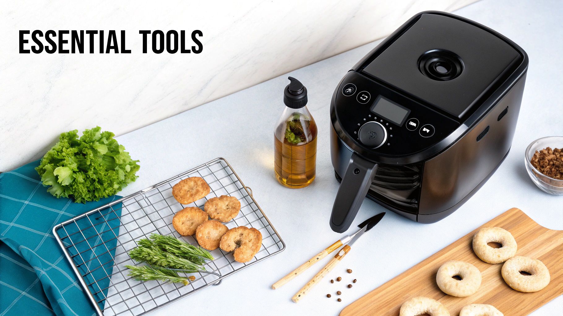 A kitchen setup showing an air fryer, bagel bites on a rack, fresh bagels, and cooking ingredients.