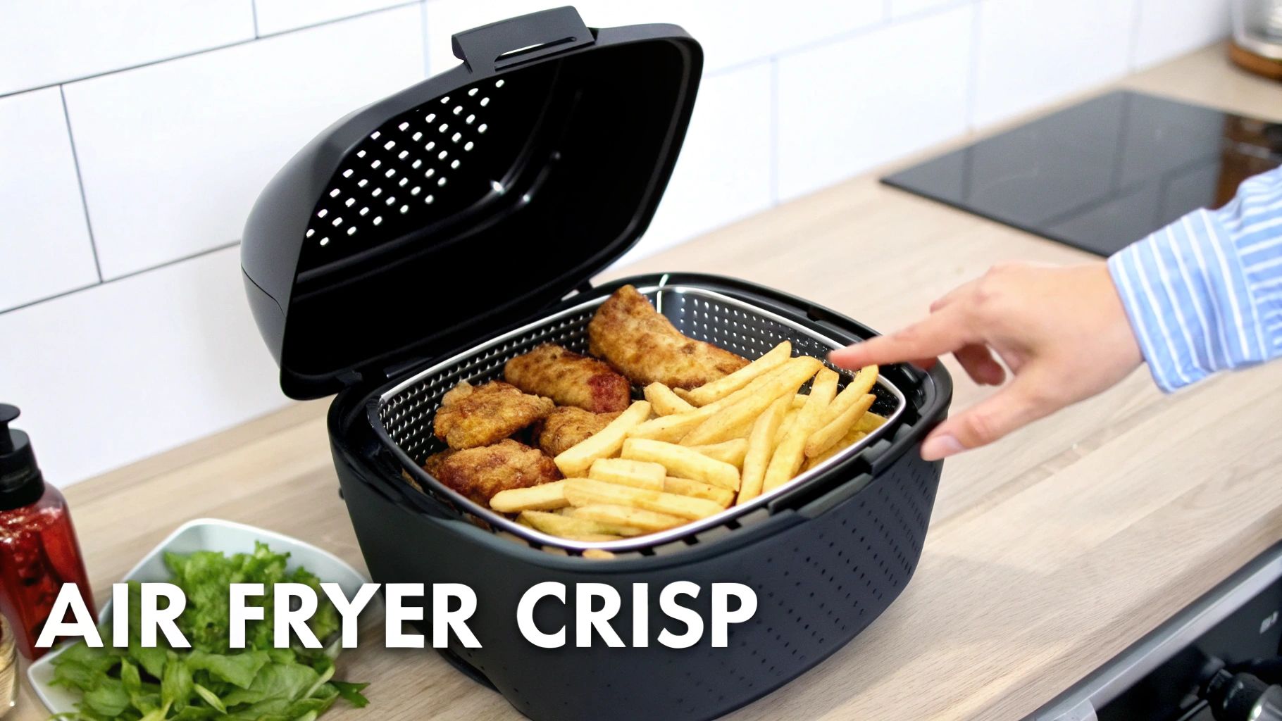 A person's hand reaches into an open air fryer filled with golden french fries and crispy chicken.