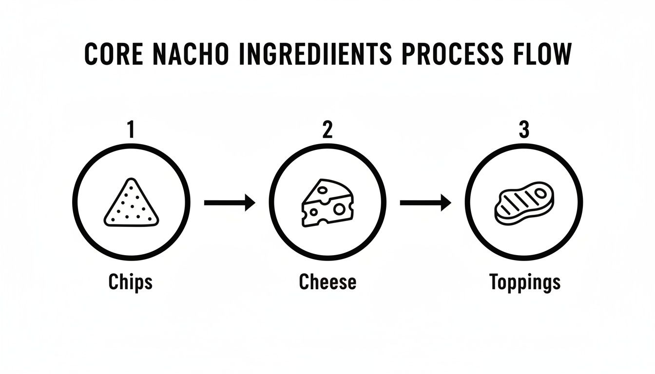 A simple diagram illustrating the core ingredients process flow for making nachos: chips, cheese, and toppings.