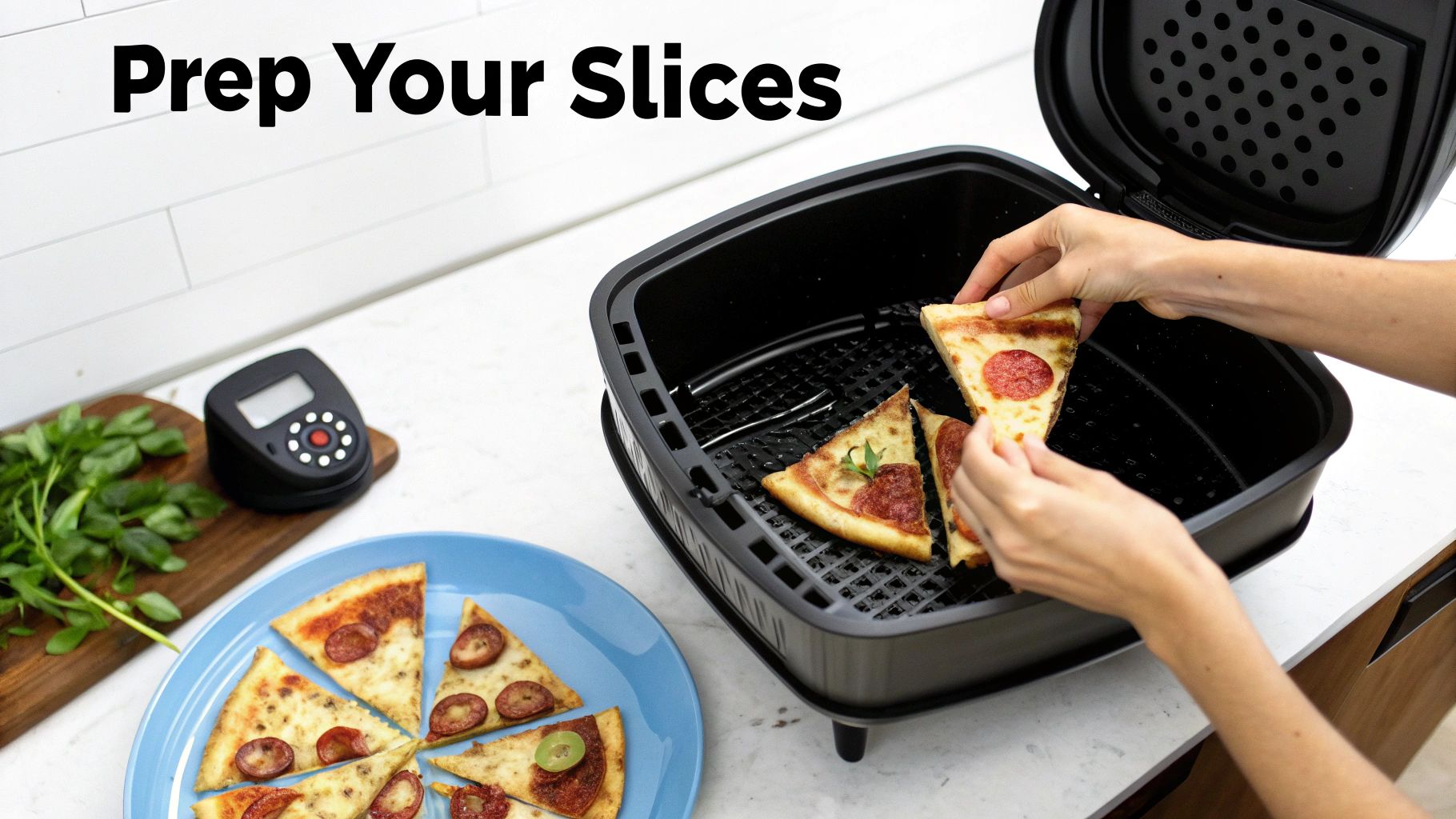 Hands carefully placing pepperoni pizza slices into an air fryer basket for reheating.