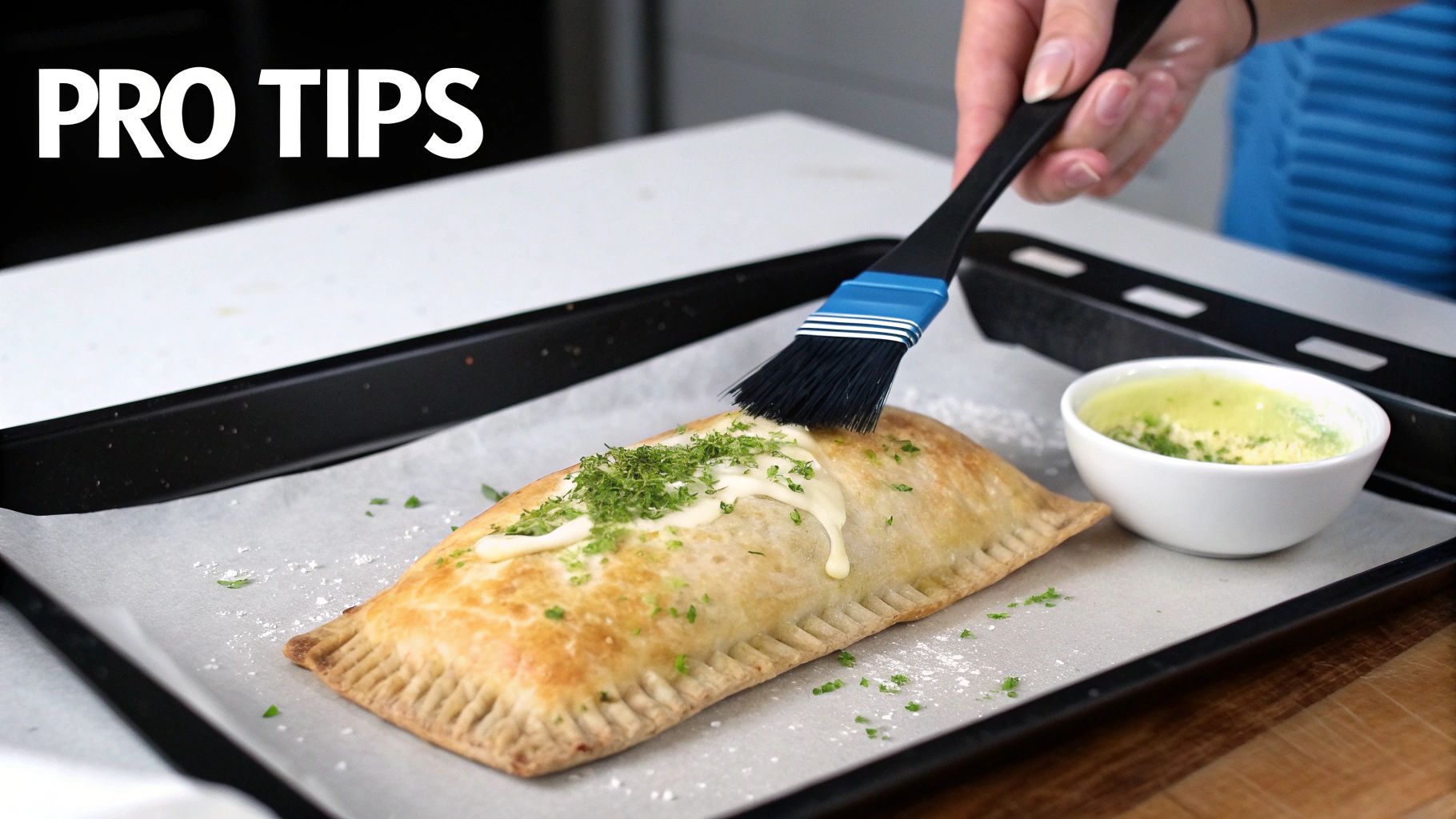 A hand brushes a golden-brown pastry, topped with sauce and herbs, on a baking sheet.