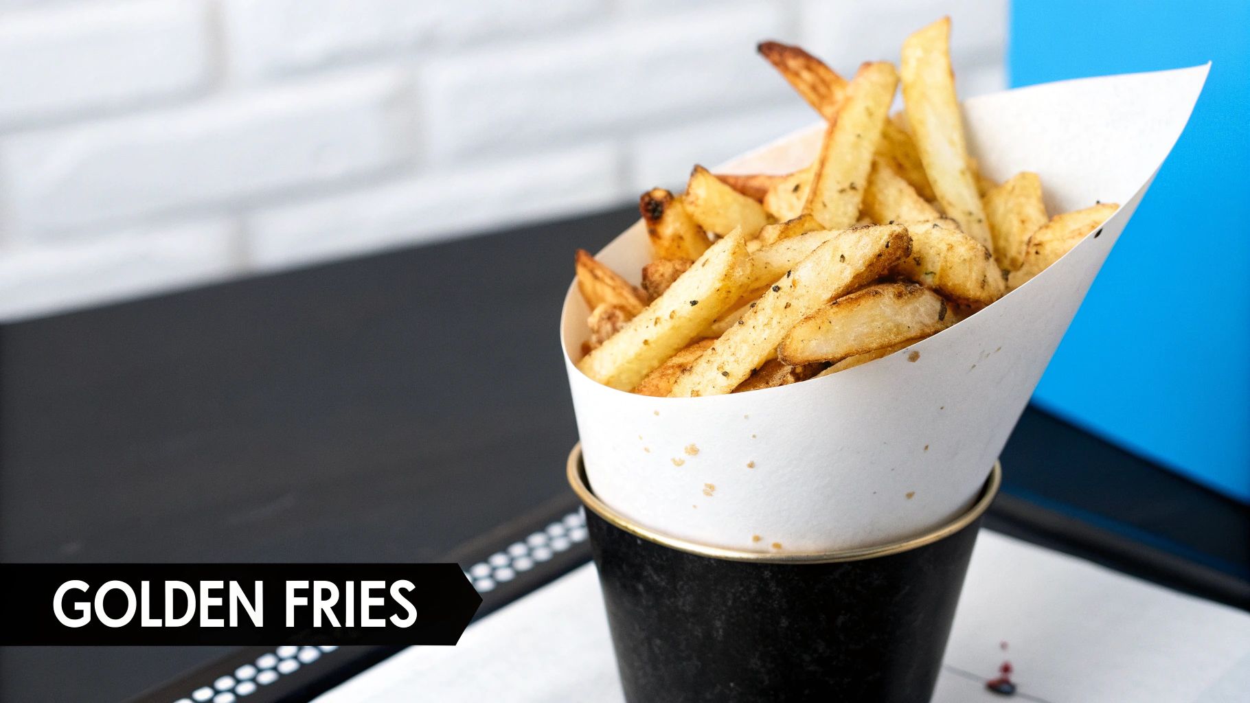 A close-up of crispy, seasoned golden french fries served in a white paper cone within a dark holder.