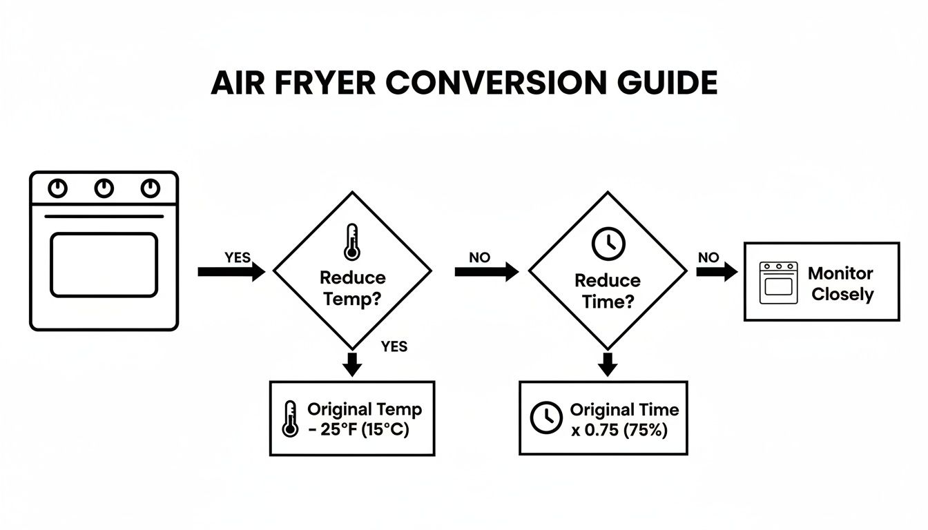 Flowchart illustrating an air fryer conversion guide for oven recipes, detailing temperature and time adjustments.