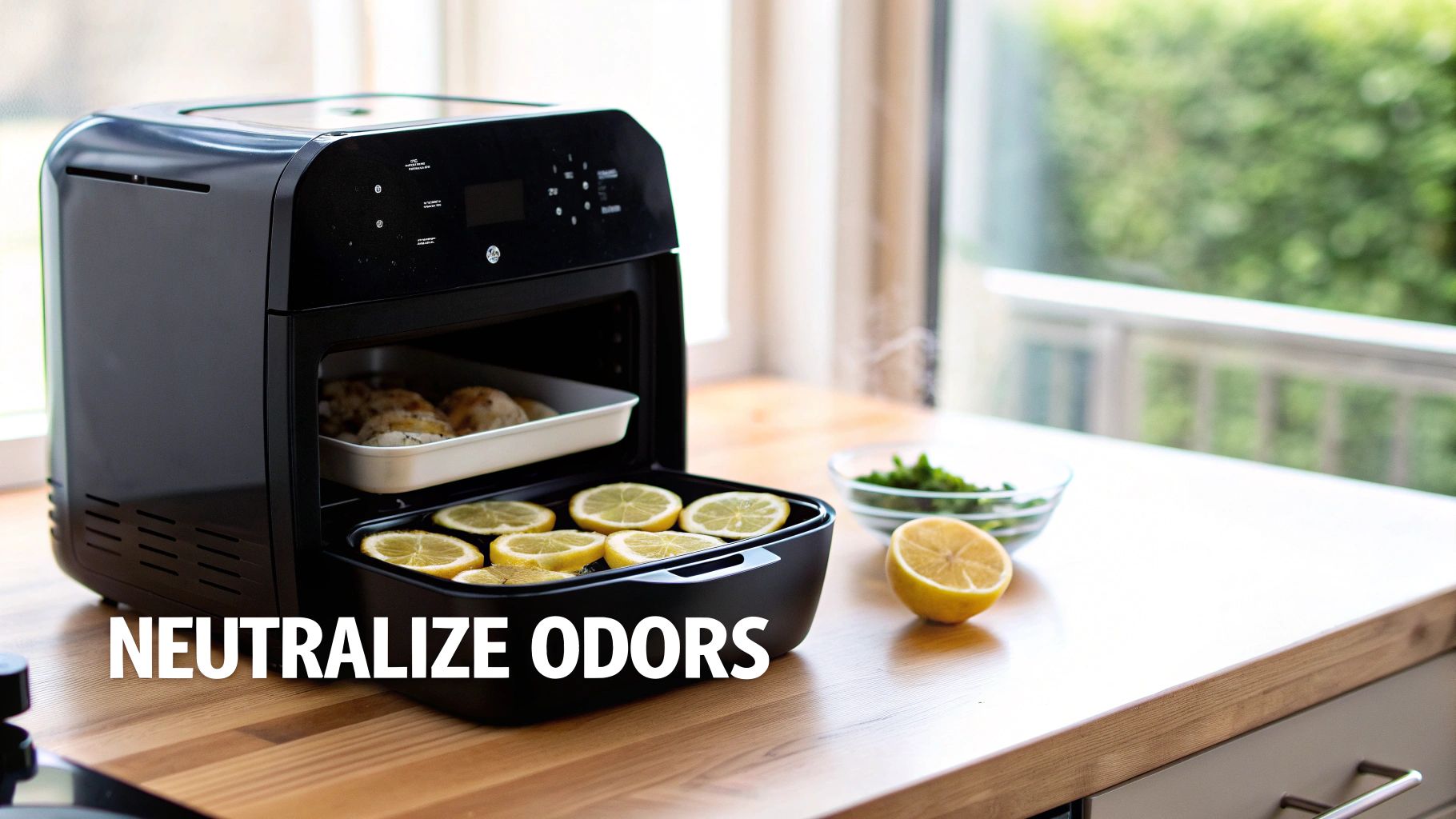 A black air fryer on a wooden kitchen counter with chicken and lemon slices inside, suggesting odor neutralization.