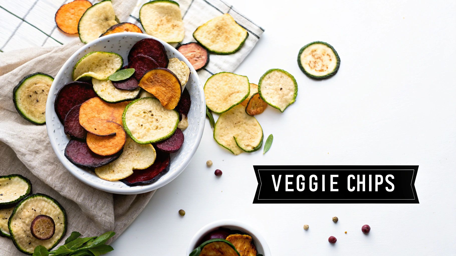 A vibrant bowl of crispy, colorful veggie chips including beet, zucchini, and sweet potato on a white table.