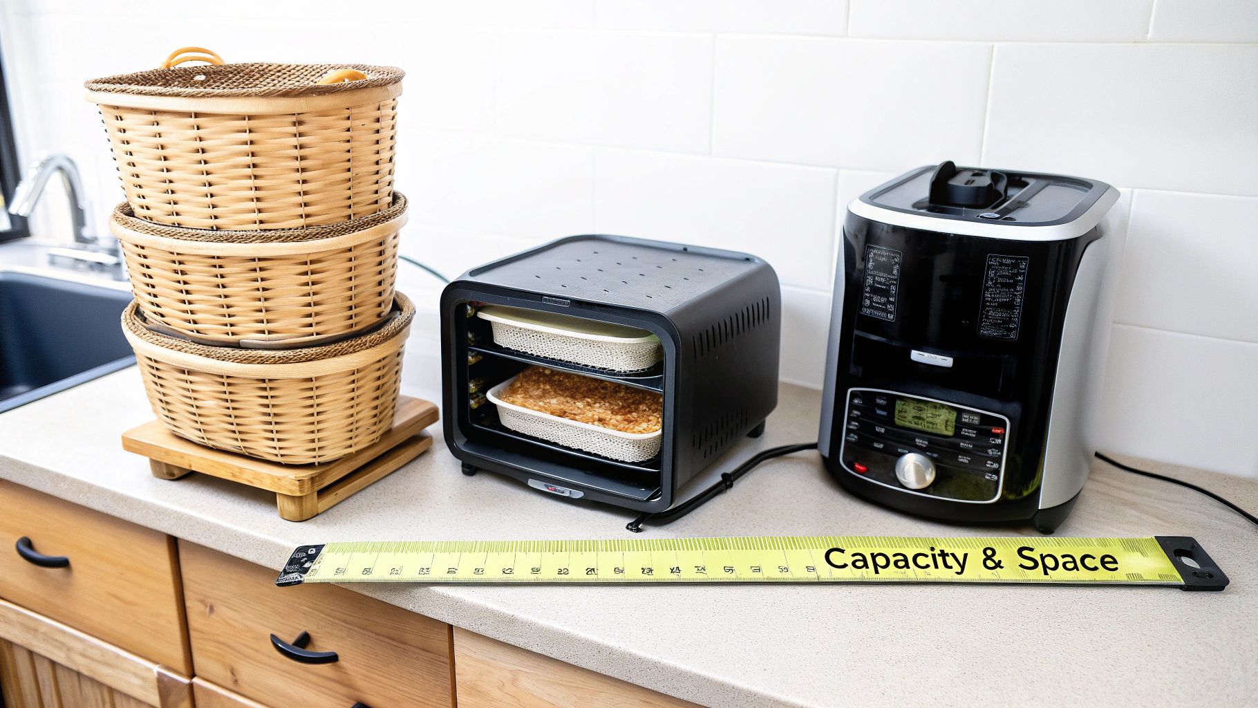 Kitchen counter showcasing three wicker baskets, a compact oven, a large air fryer, and a 'Capacity & Space' measuring tape.