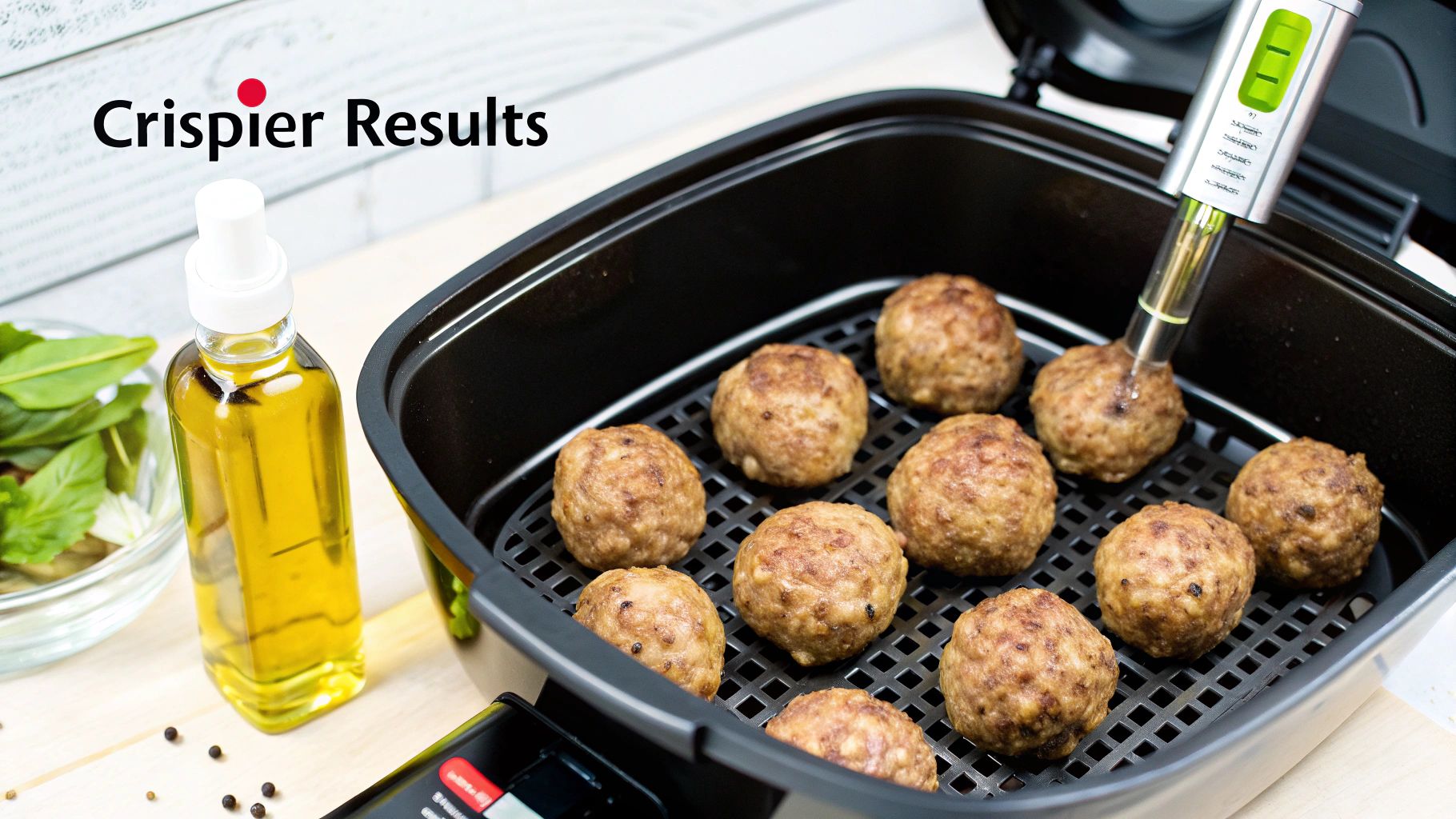 Golden brown meatballs cooking in black air fryer basket with oil spray bottle nearby