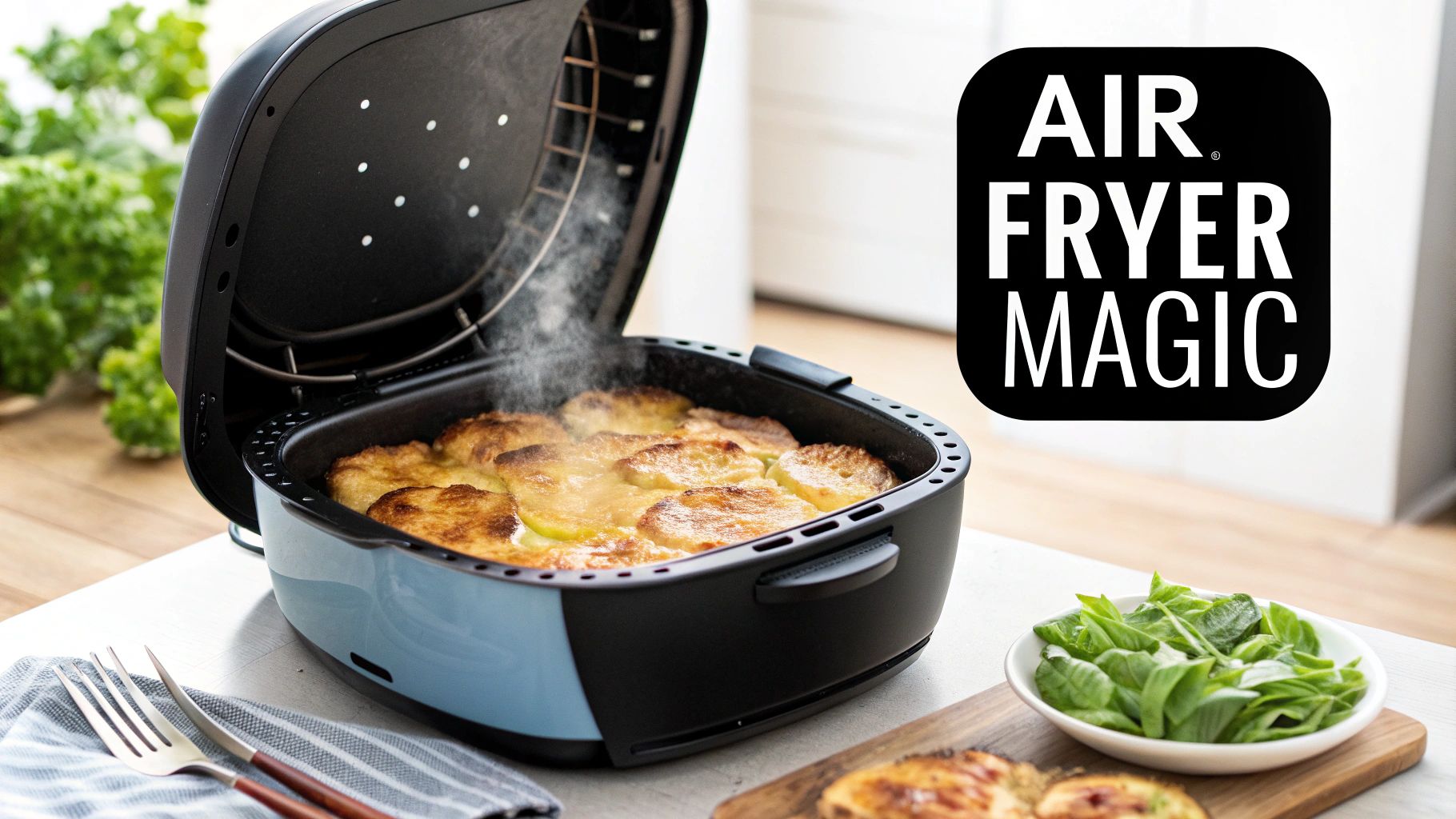 An air fryer filled with steaming golden brown scalloped potatoes, with a fresh green side salad.