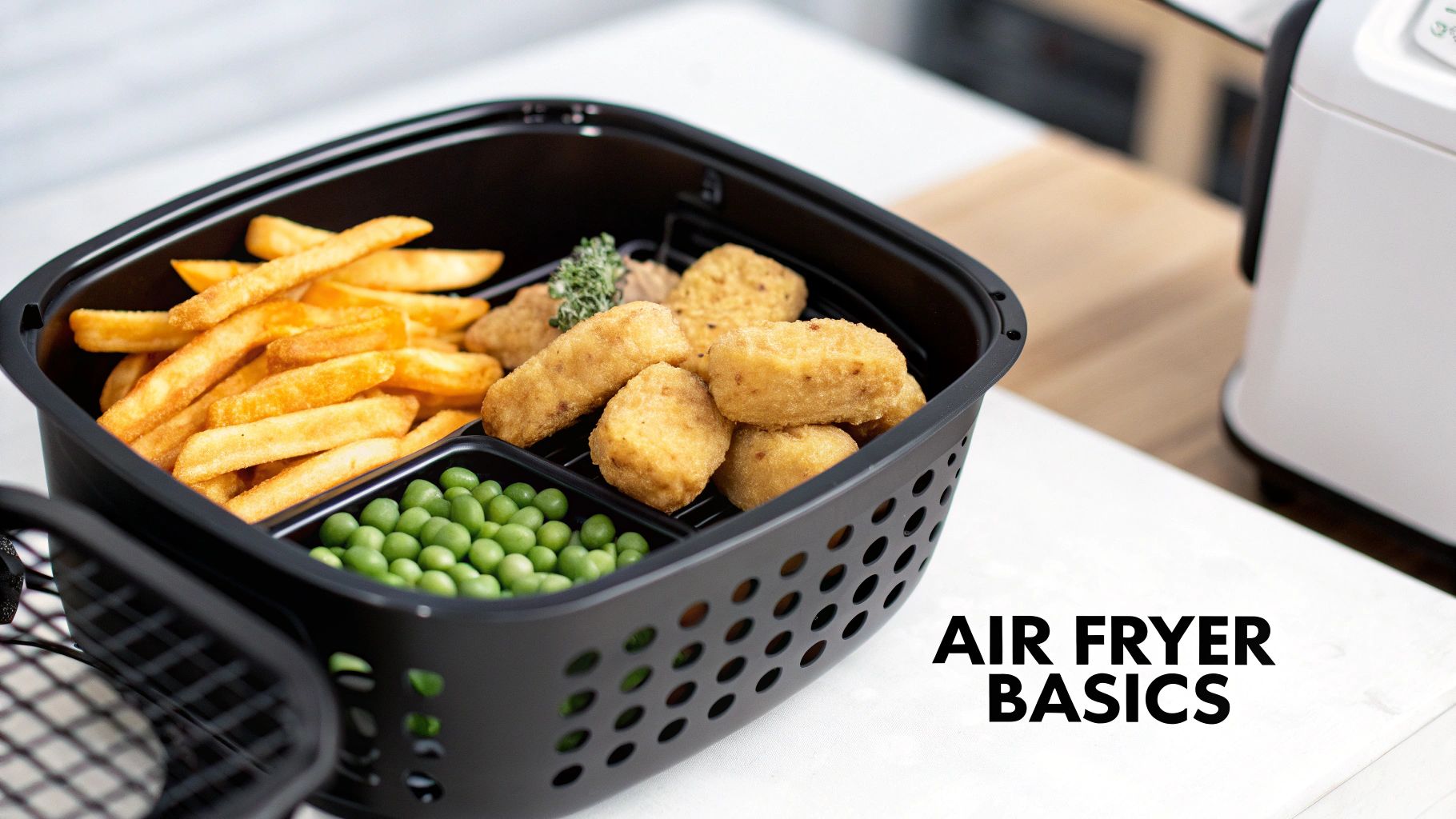 An air fryer basket filled with crispy golden french fries, chicken nuggets, and vibrant green peas.