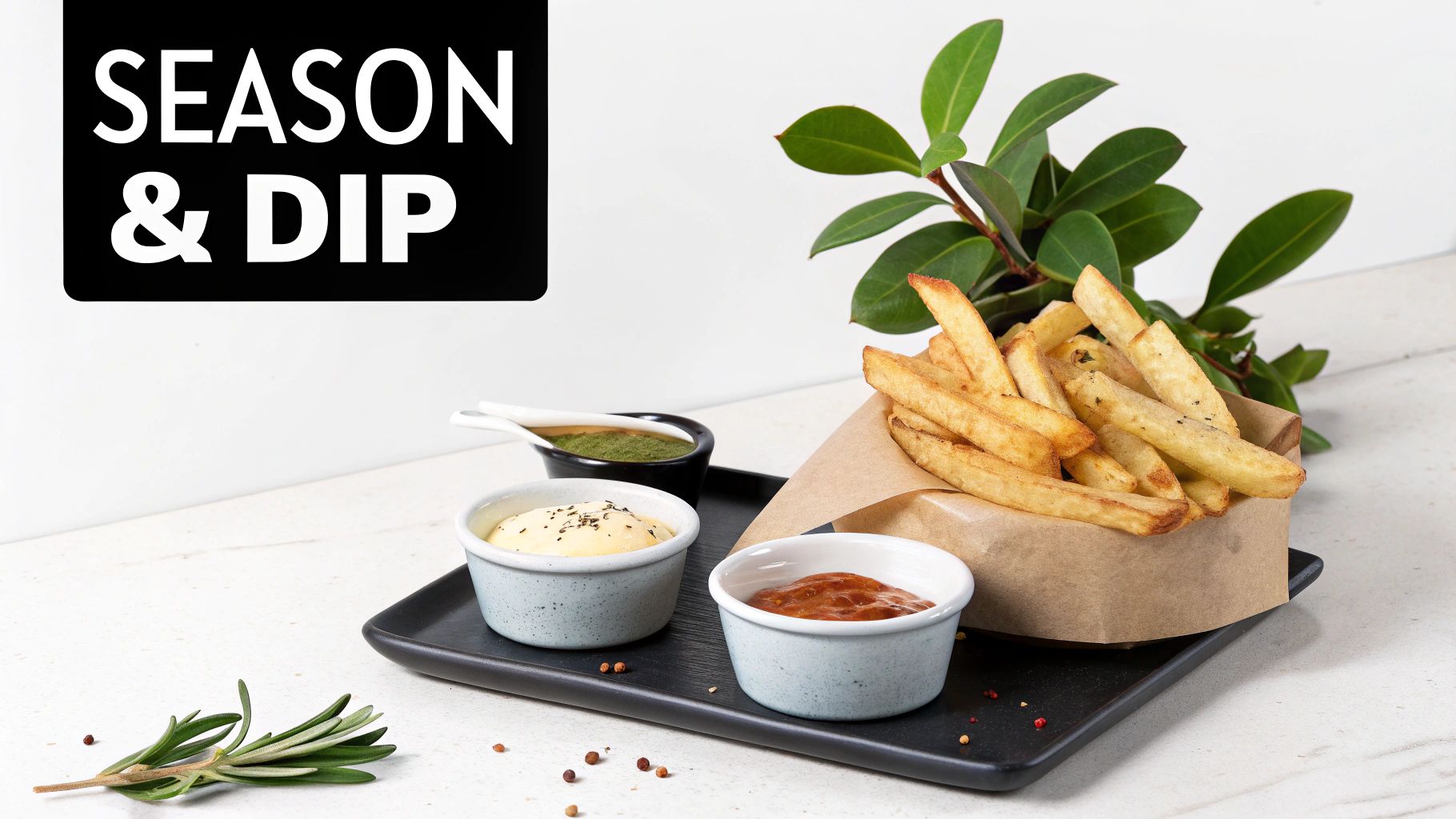Delicious golden french fries in a brown paper cone, served with three dipping sauces on a black tray.