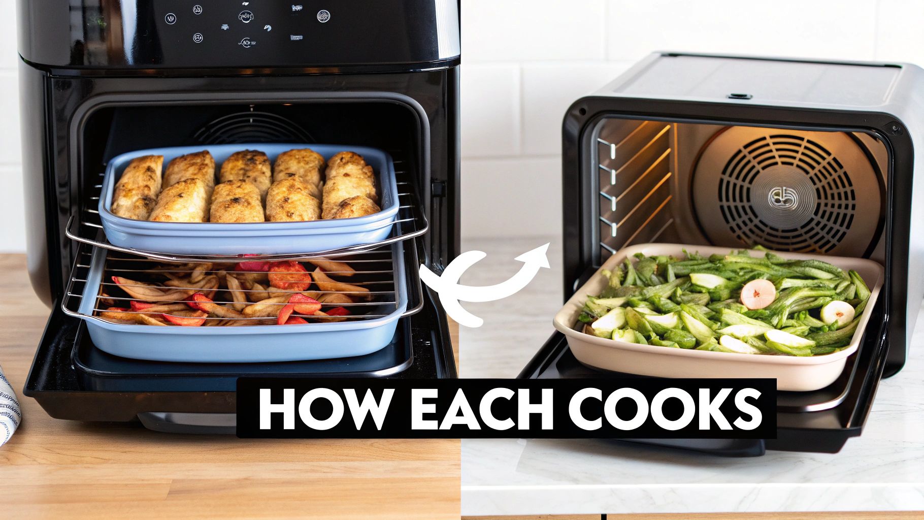 Comparison of an air fryer cooking chicken and fries, next to a toaster oven preparing green vegetables.