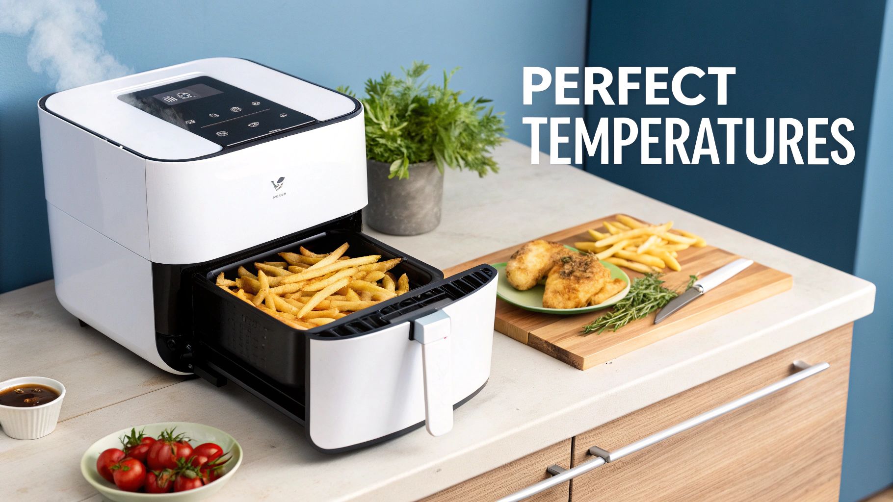 White air fryer with its basket open, filled with crispy golden french fries on a kitchen counter.