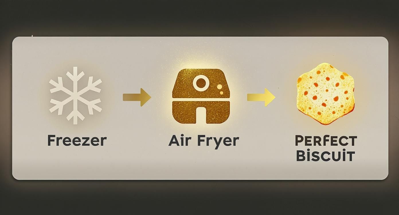 A diagram showing the process of cooking frozen biscuits in an air fryer for a perfect result.