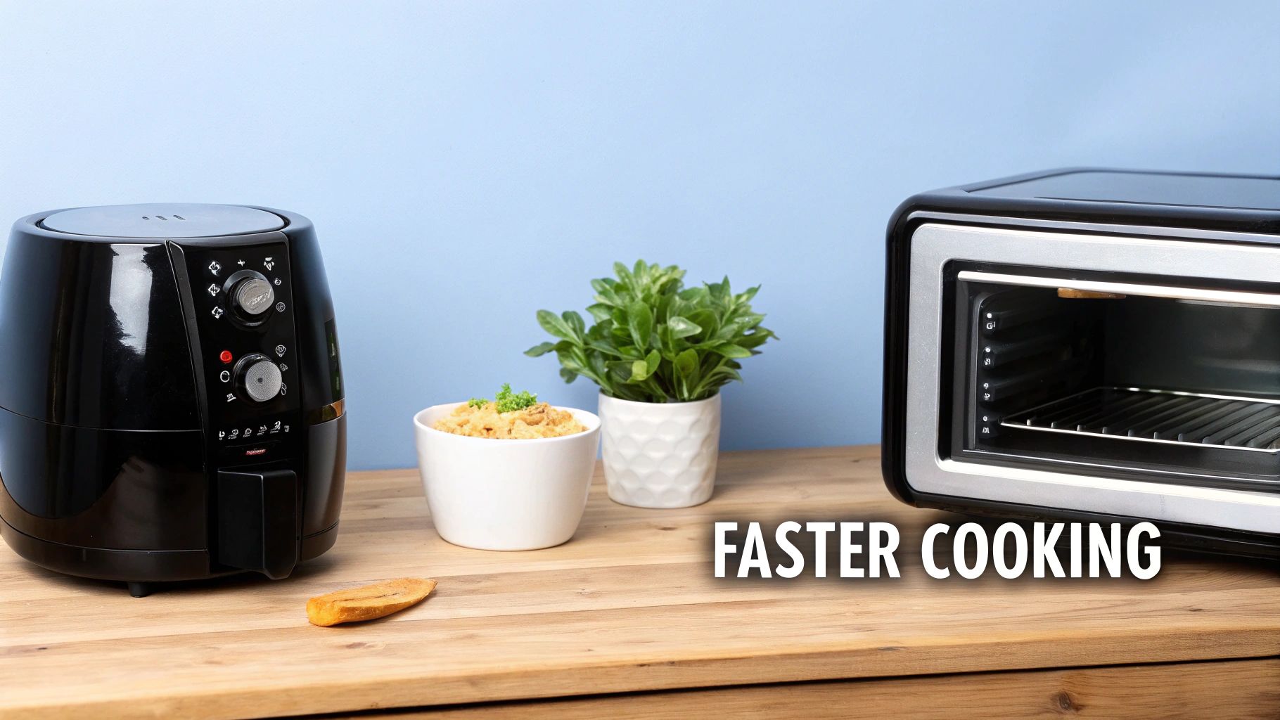 An air fryer and a toaster oven on a wooden counter, suggesting efficient cooking methods.