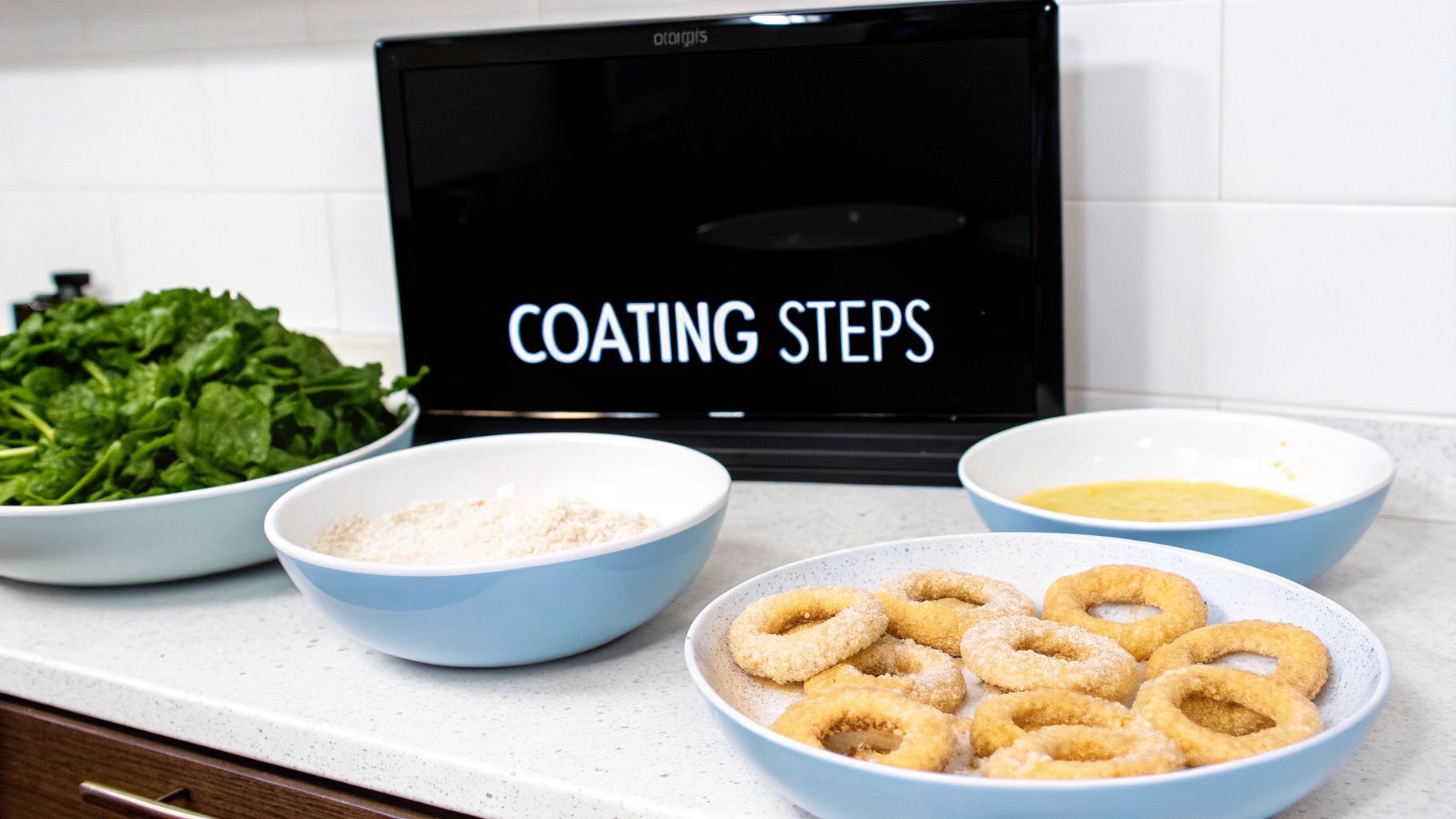 Ingredients for cooking, including spinach, flour, egg wash, and coated rings, with 'COATING STEPS' on a screen.