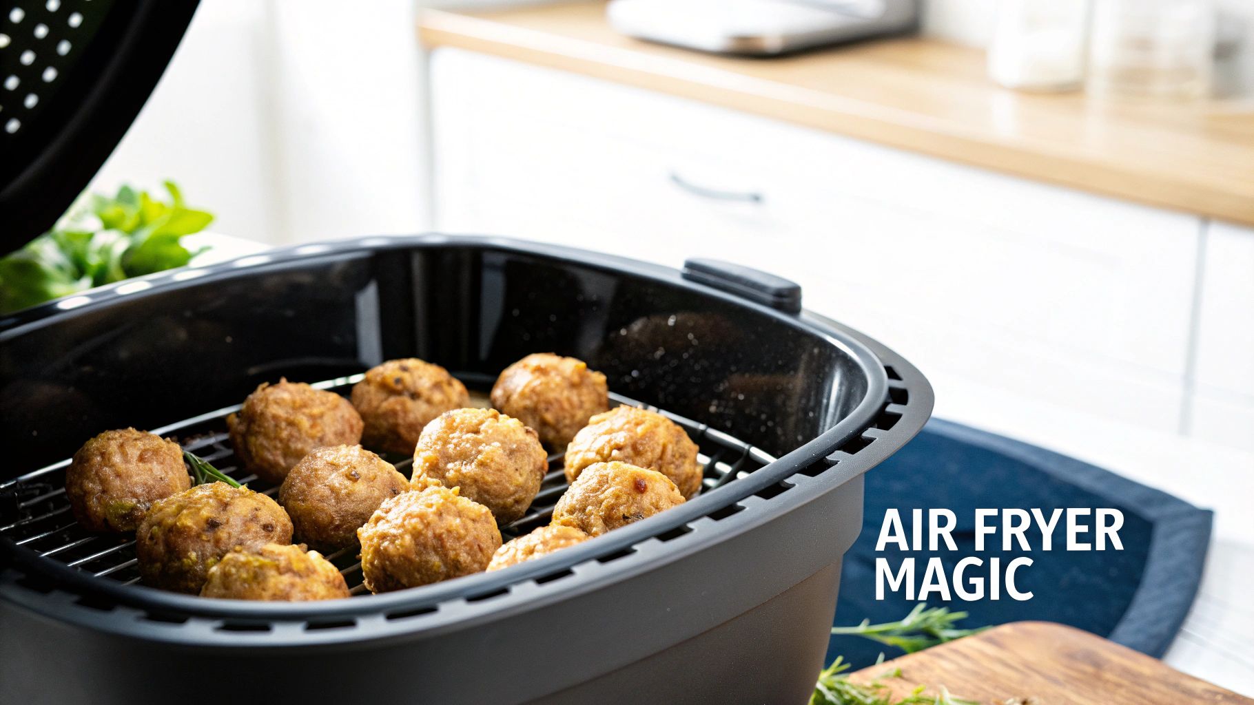 Golden brown meatballs cooking in black air fryer basket on kitchen counter