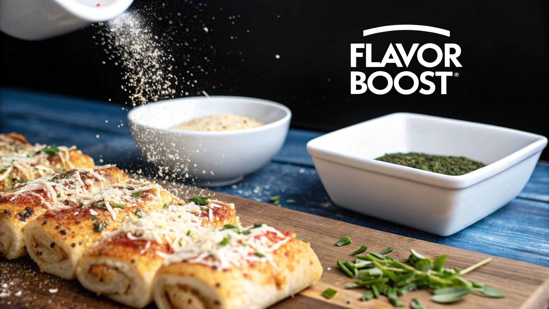 Hand sprinkling cheese and herbs onto golden pizza rolls on a wooden board, with Flavor Boost logo.