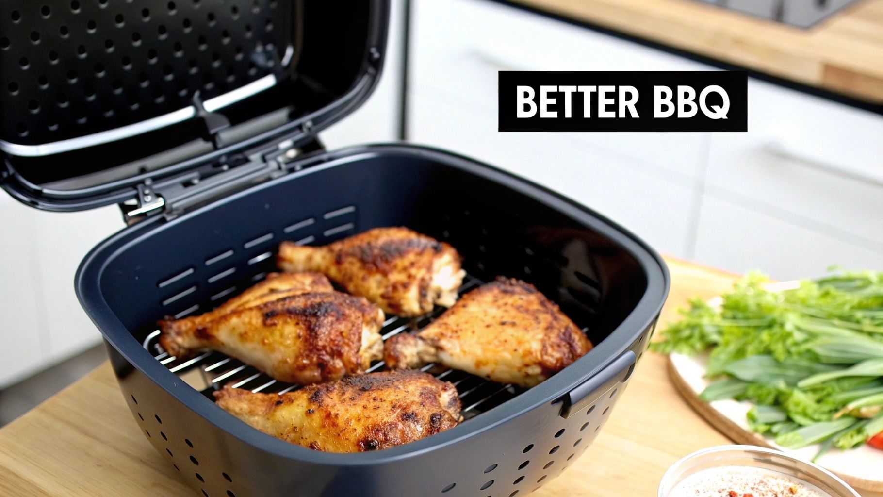 Crispy BBQ chicken drumsticks and thighs cooking in an open air fryer on a wooden counter.