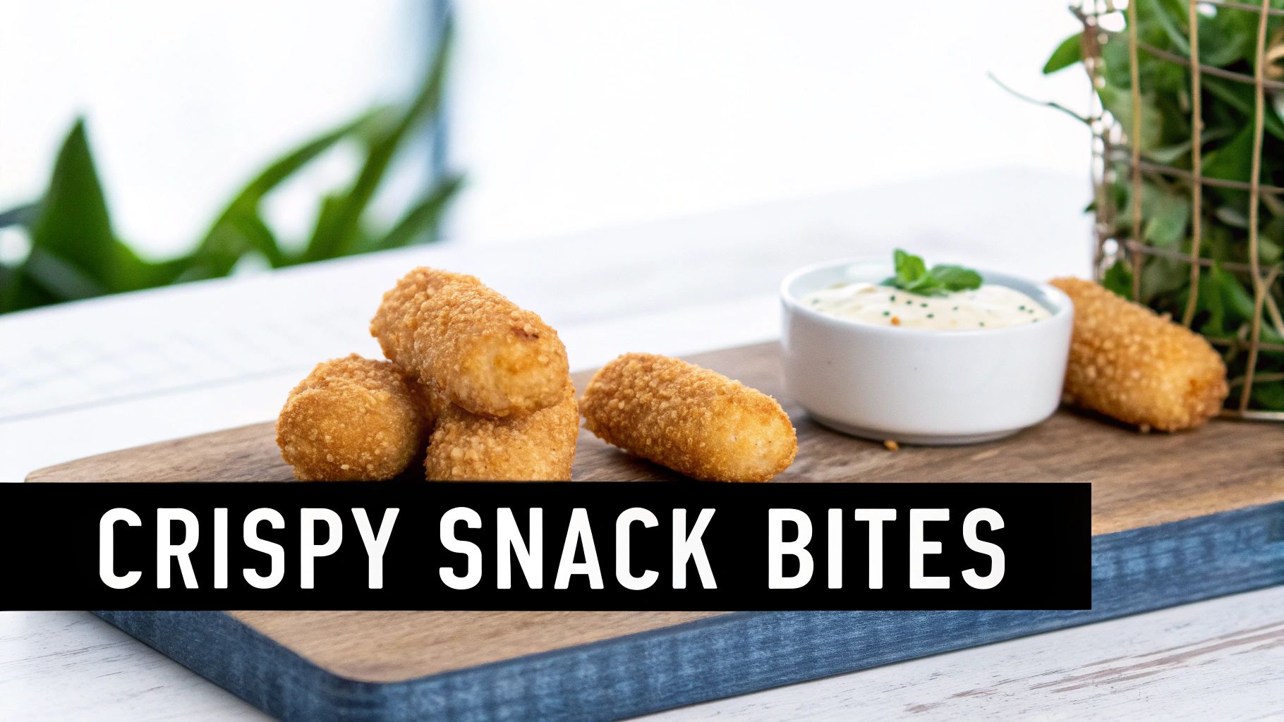 Crispy, golden snack bites and creamy dipping sauce on a wooden board, with green foliage.