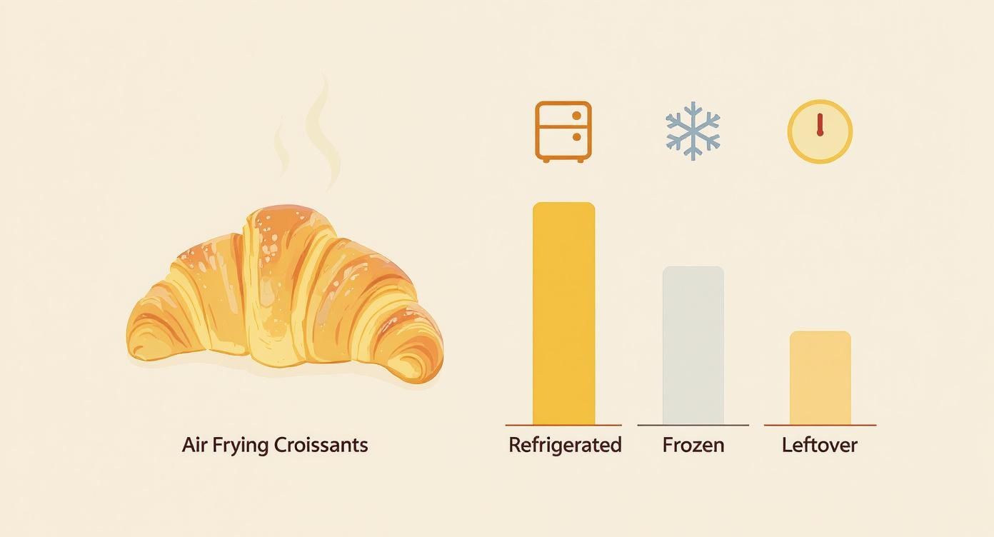 An infographic illustrating a warm croissant and a bar chart for air frying refrigerated, frozen, and leftover croissants.