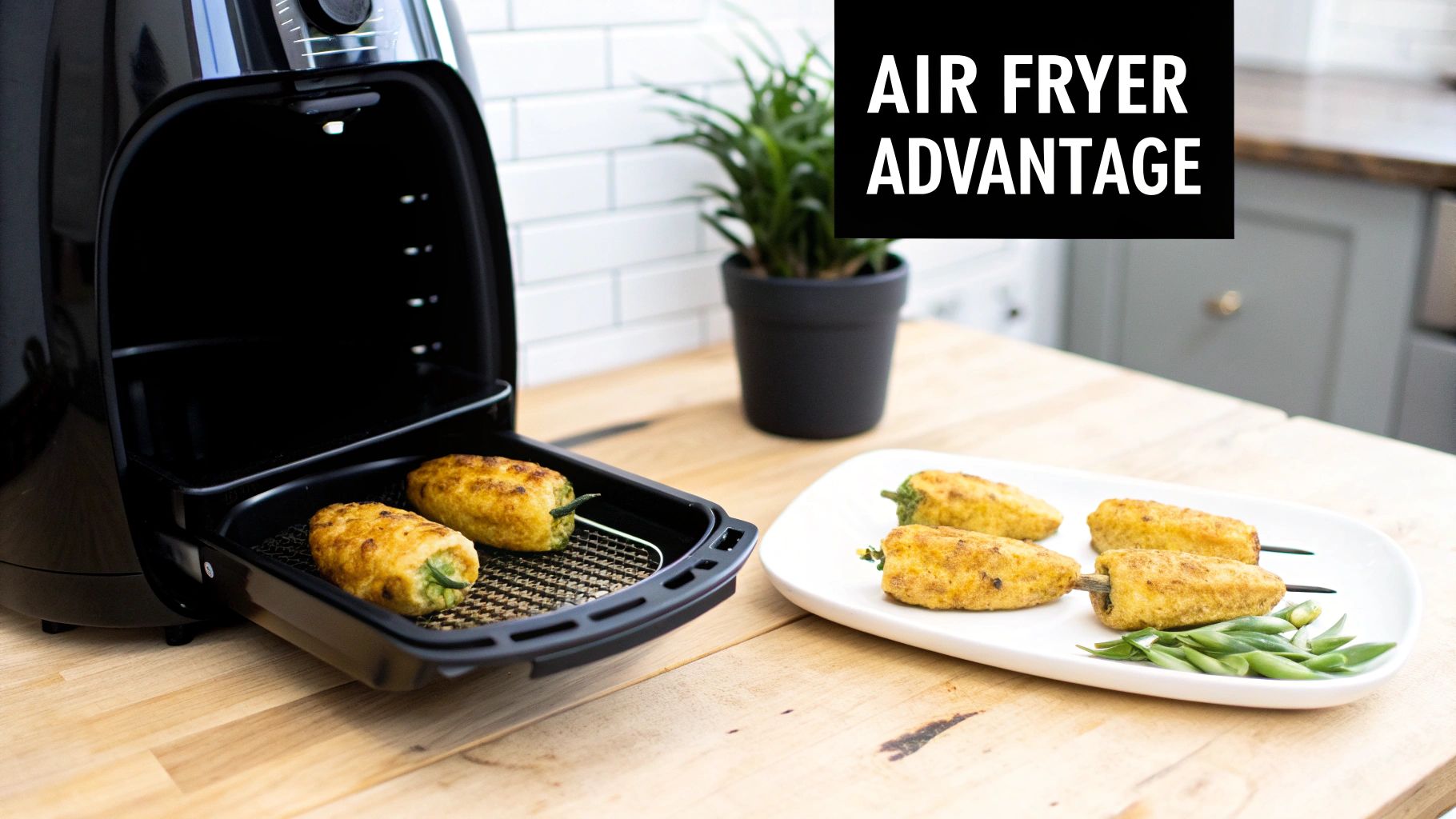 An air fryer with golden brown jalapeno poppers, some inside and some on a white plate.