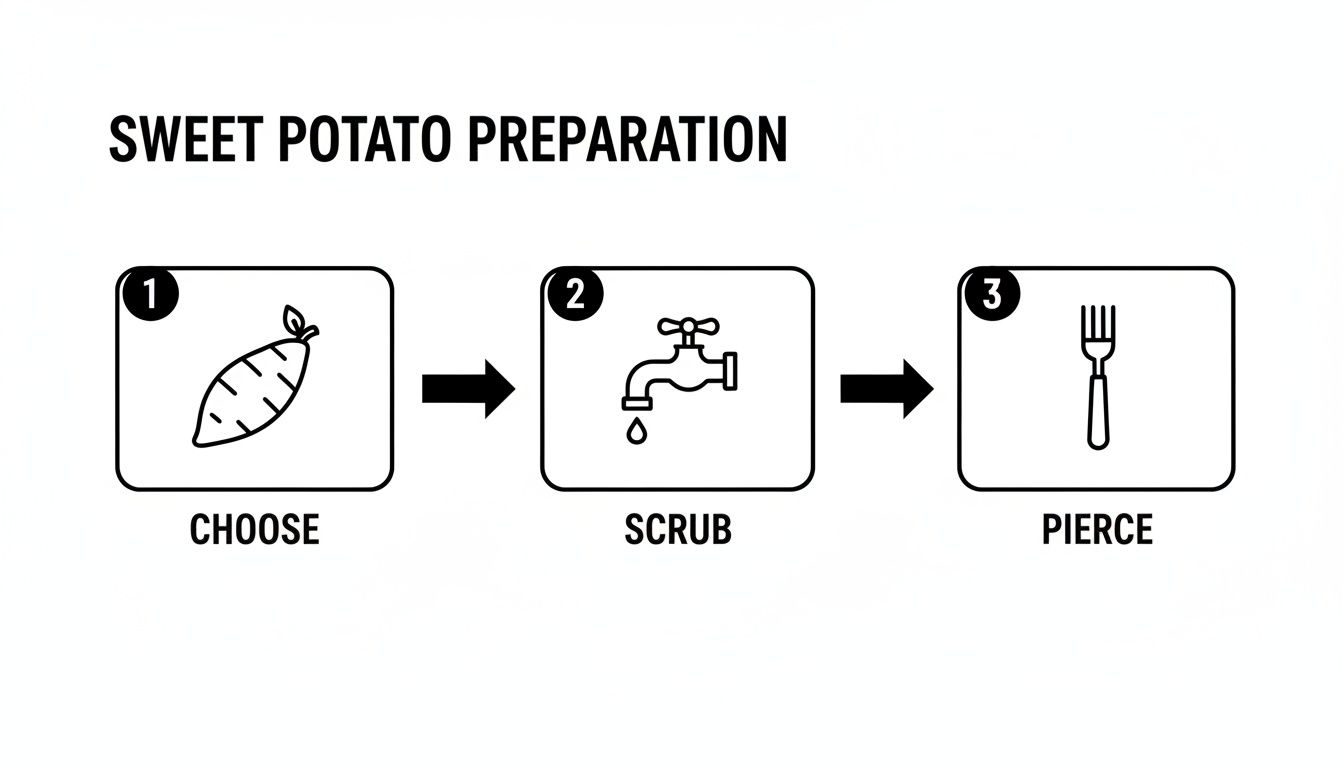 Visual guide showing three steps for sweet potato preparation: choose, scrub under water, and pierce with a fork.