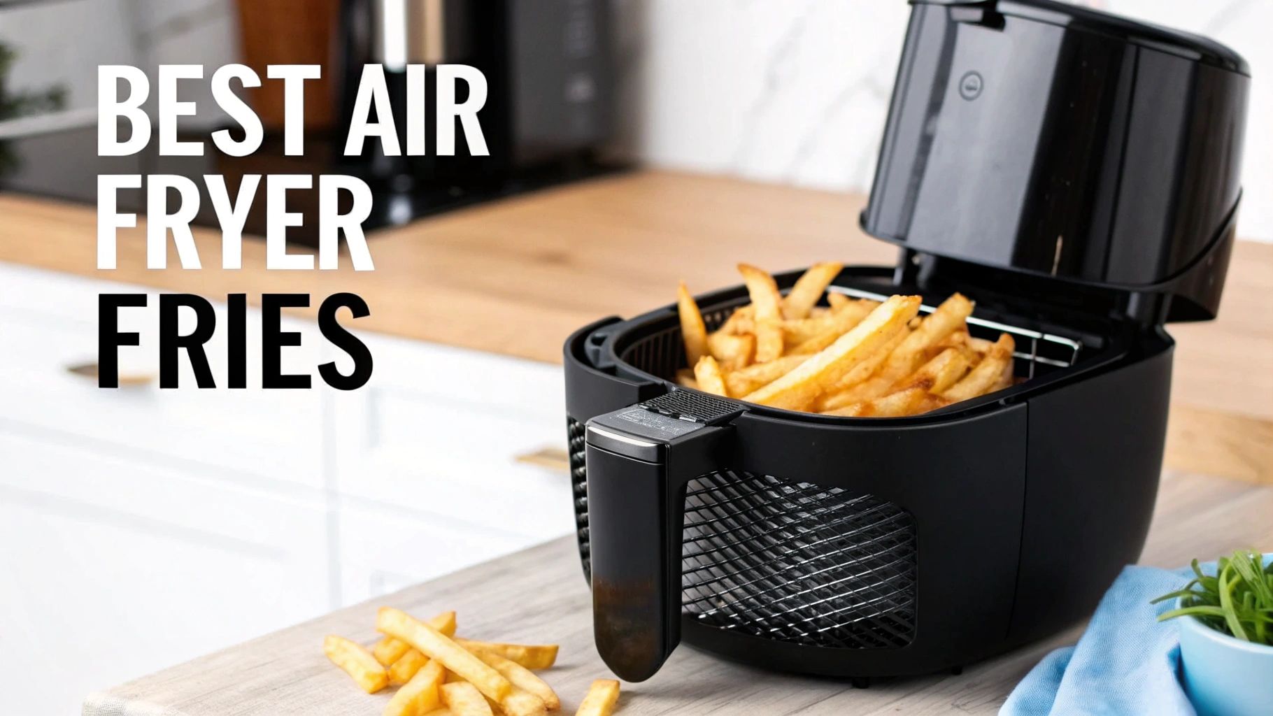 A black air fryer filled with golden crispy French fries, with more fries on a wooden board.
