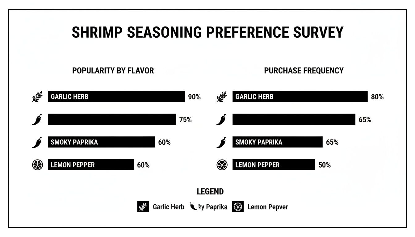 Survey chart of shrimp seasoning preferences, showing popularity and purchase frequency for Garlic Herb, Paprika, Smoky Paprika, and Lemon Pepper.