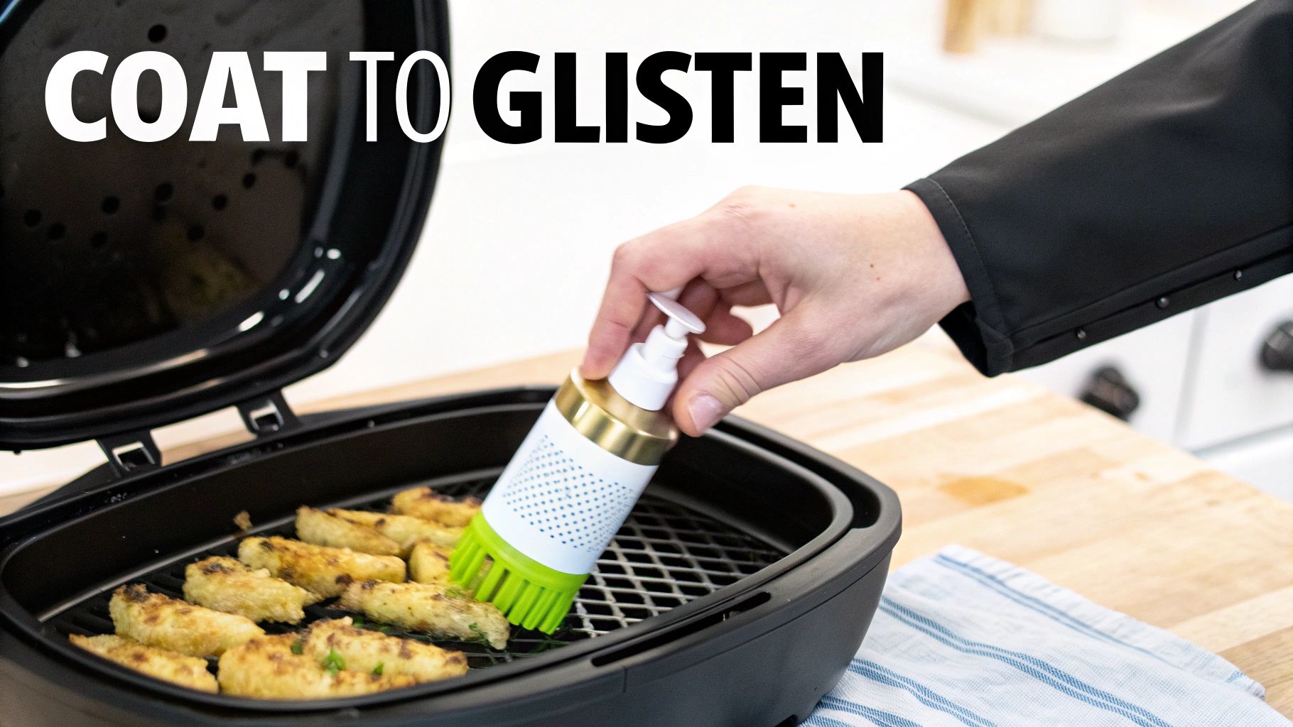A hand uses an oil dispenser to coat golden-brown food inside an open air fryer.