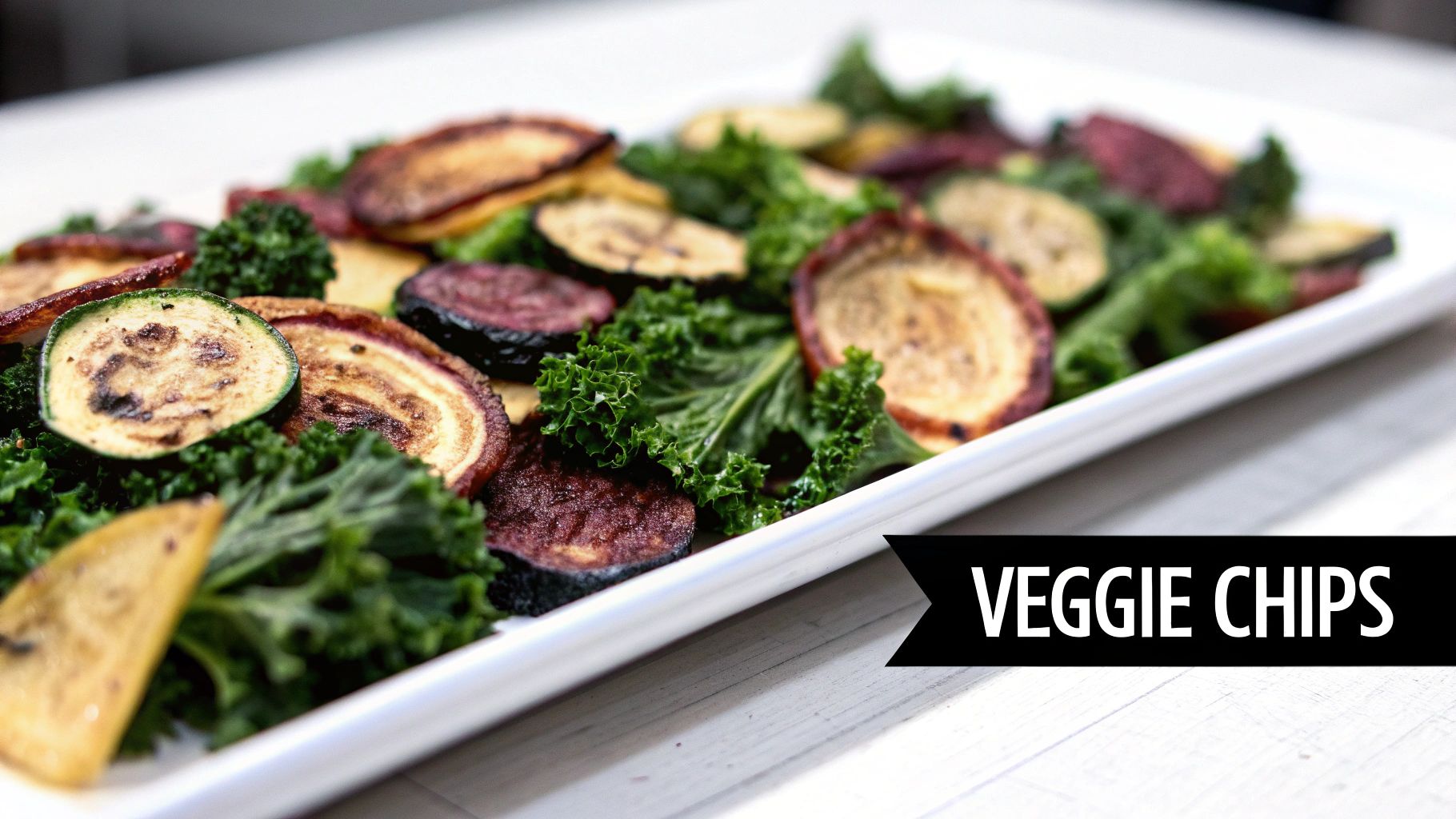 Close-up of a white platter filled with crispy, colorful roasted vegetable chips and fresh kale.