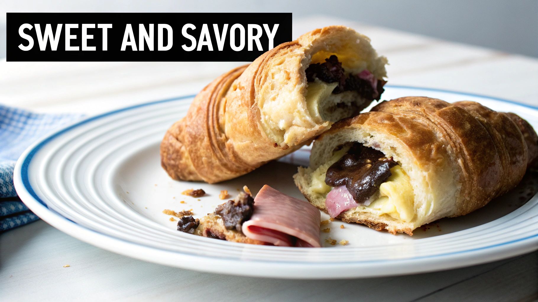A golden-brown croissant, cut in half and filled with creamy cheese, dark spread, and ham on a white plate.