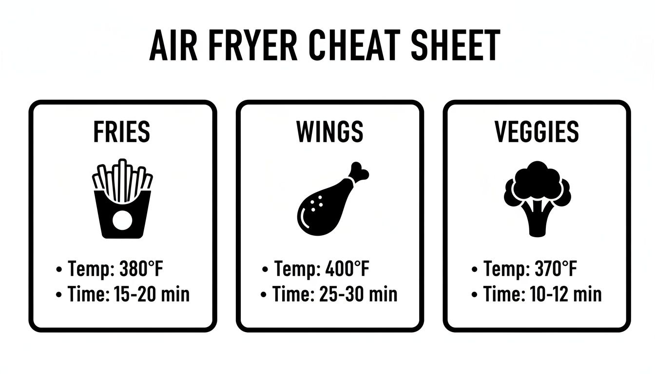 An air fryer cheat sheet showing ideal temperatures and cooking times for fries, wings, and veggies.
