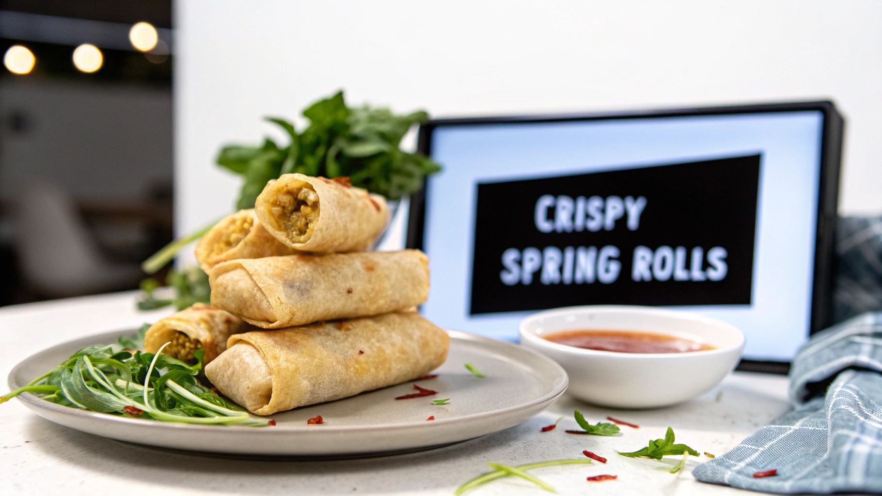A stack of golden crispy spring rolls with green garnish and sauce, against a screen showing their name.