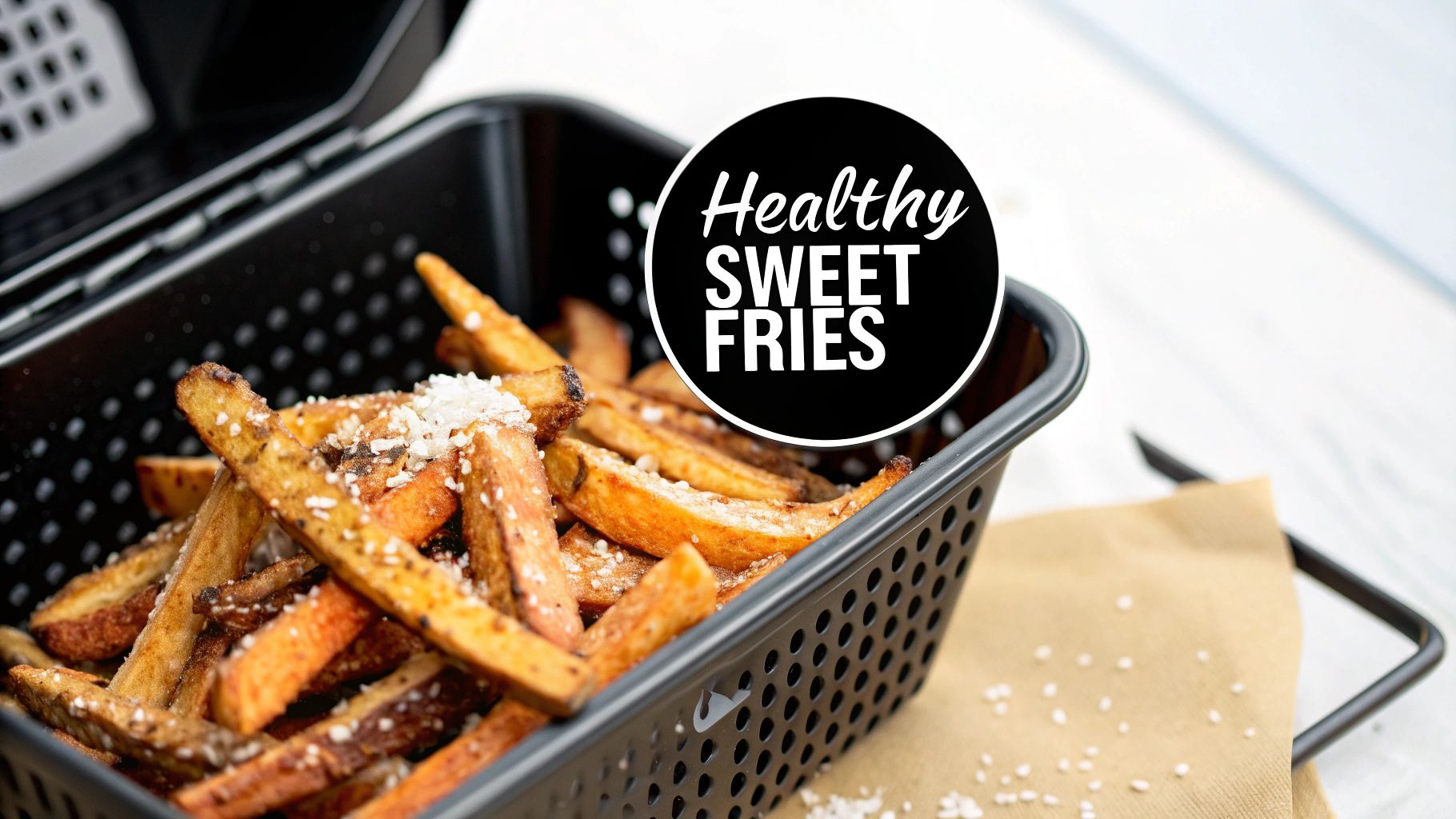 Delicious healthy sweet potato fries, sprinkled with salt, in a black air fryer basket on a light background.