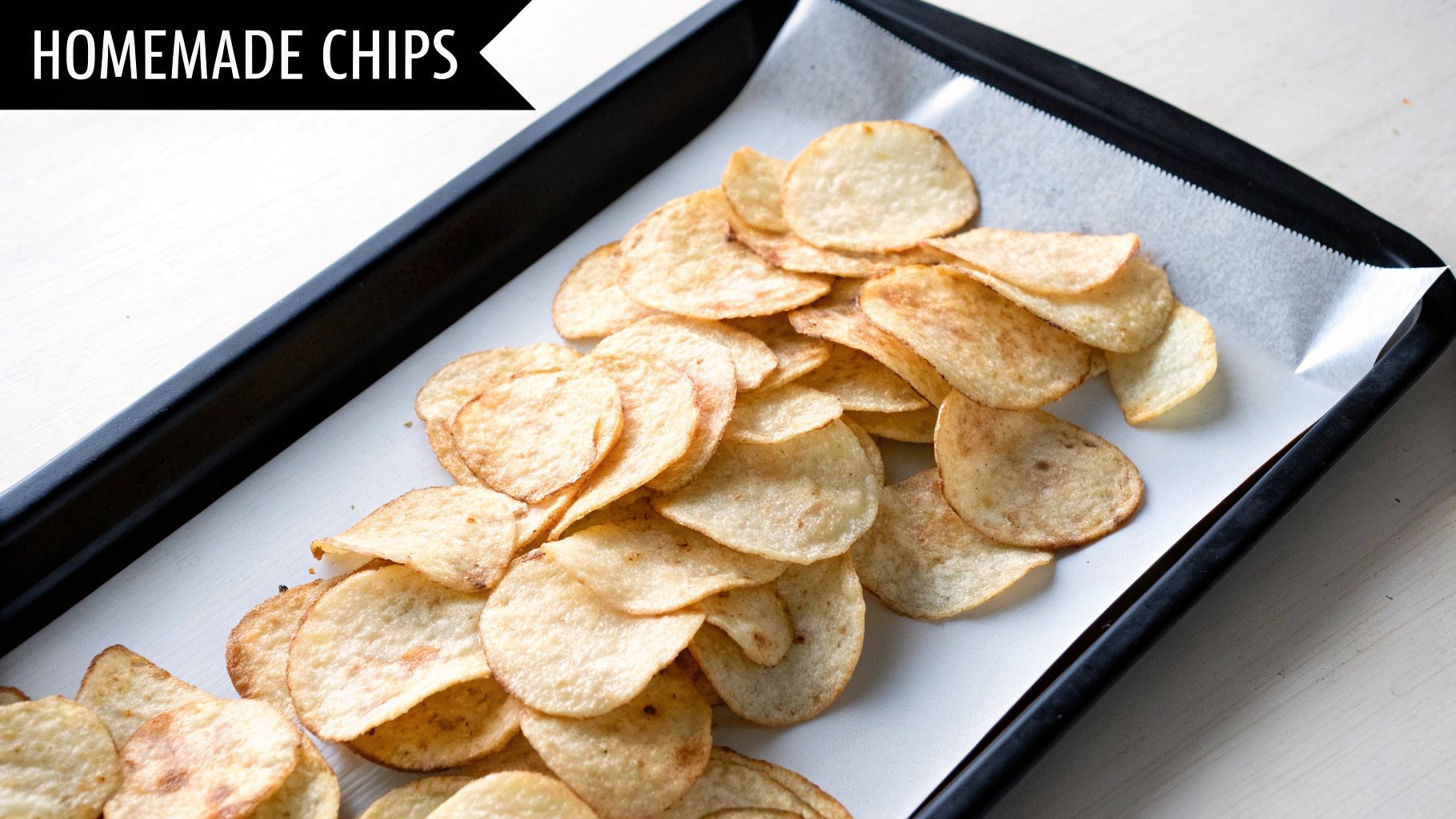 A black baking tray filled with a pile of golden, crispy homemade potato chips on parchment paper.