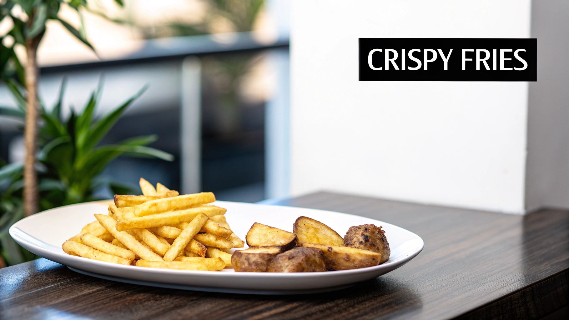 A white plate holds a generous serving of crispy golden french fries and roasted potato wedges.