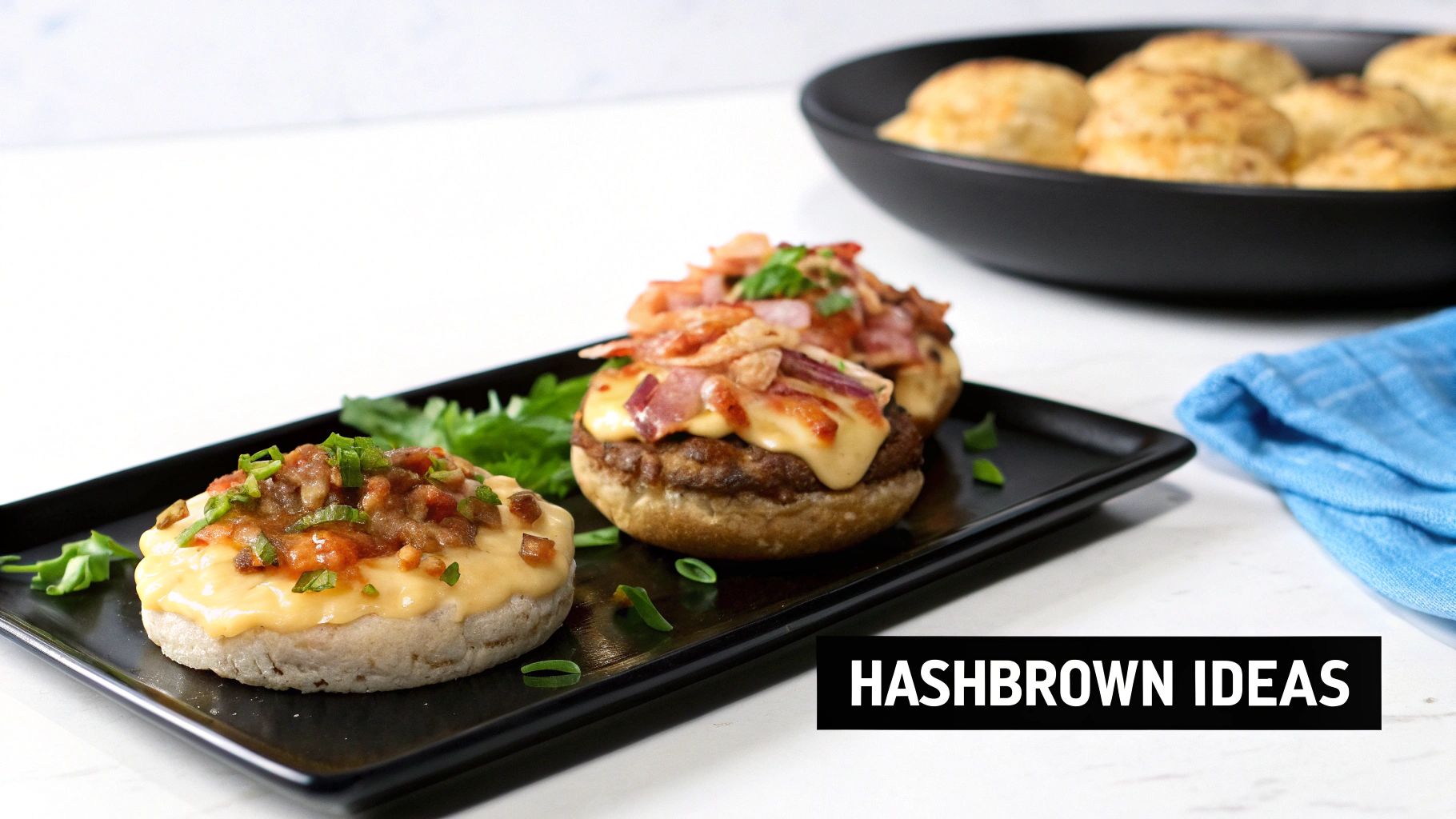 Delicious hash brown ideas on a black plate, topped with cheese, bacon, and salsa, with a bowl of hash browns.