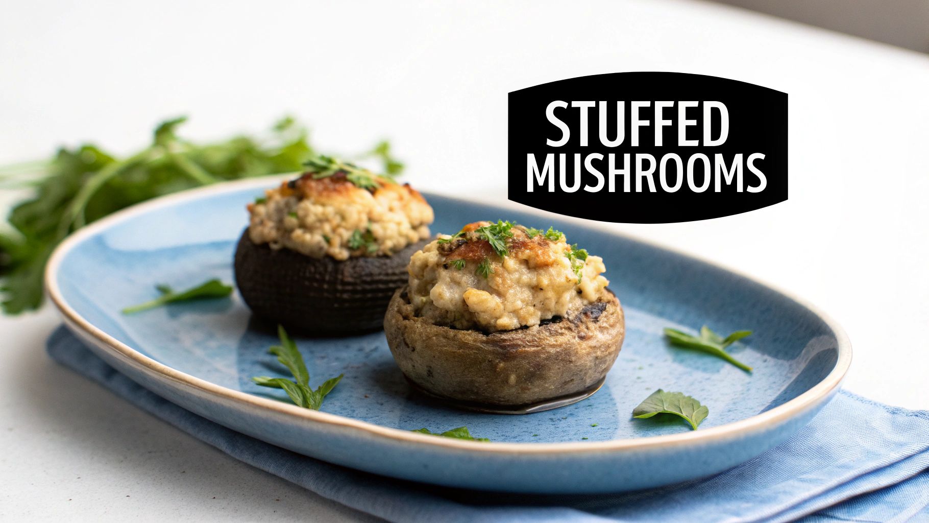 Two delicious stuffed mushrooms garnished with fresh herbs on a blue oval plate, ready to eat.