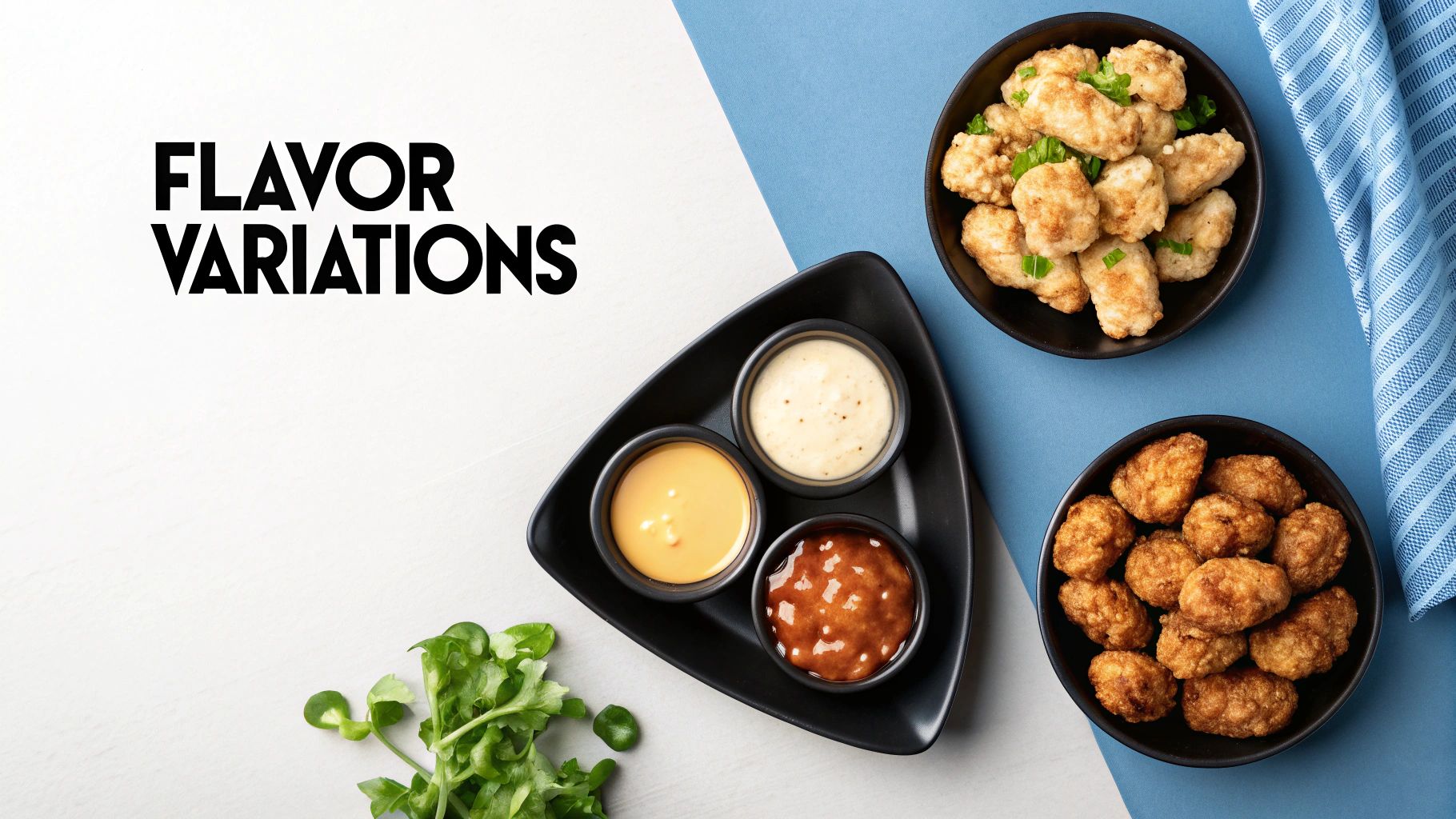 Two bowls of air fryer chicken bites, one light and one dark, with three dipping sauces.