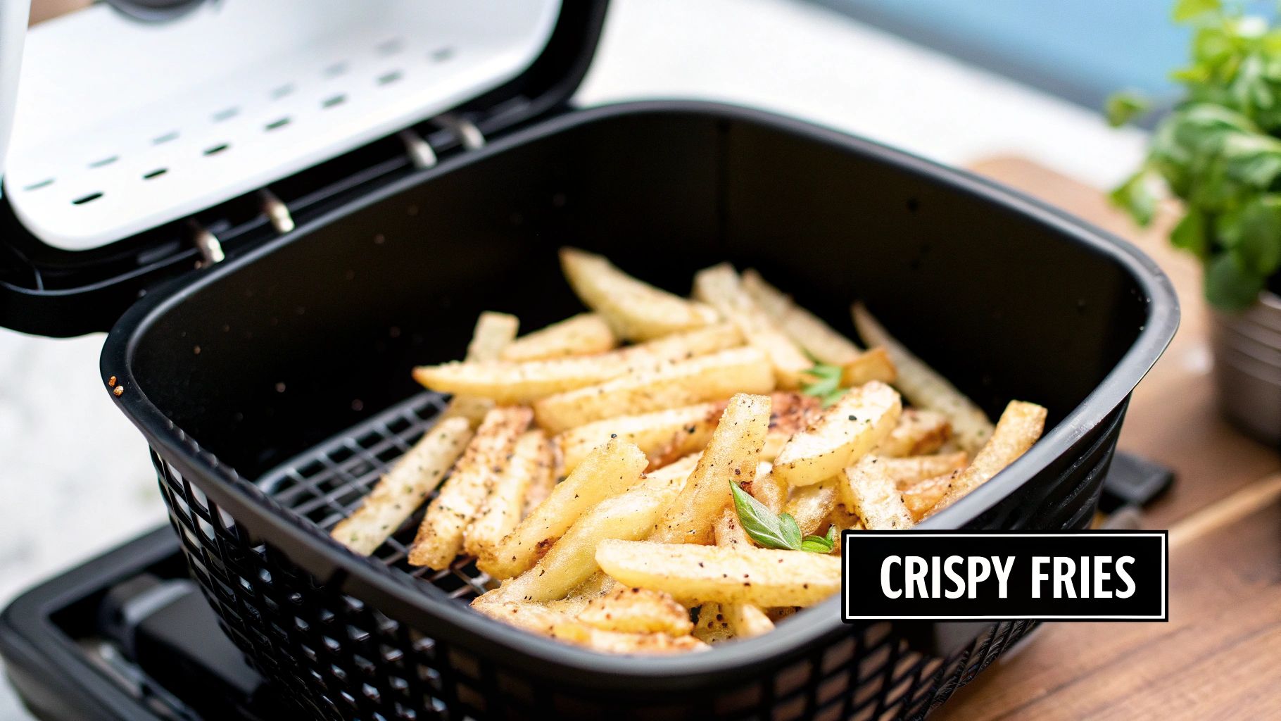 Close-up of golden crispy fries seasoned with pepper and green herbs in an air fryer basket.
