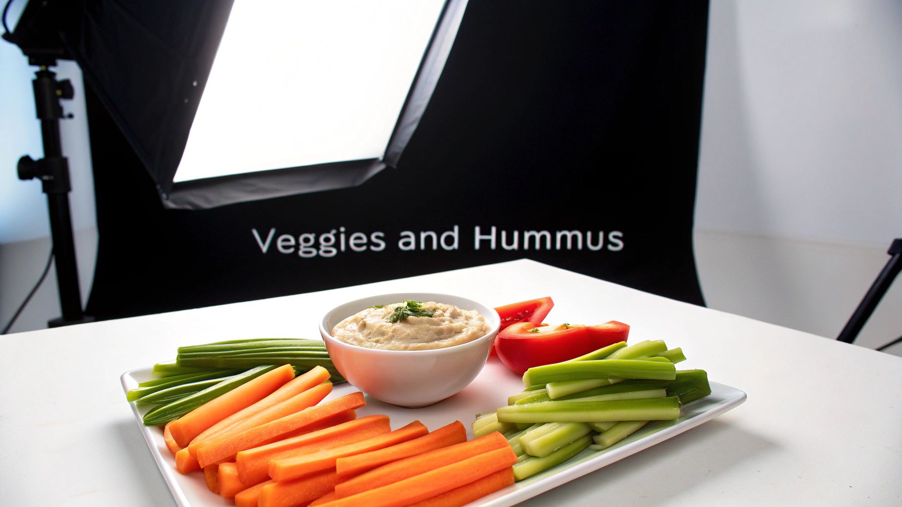 A healthy plate of hummus with fresh carrot sticks, celery, and bell pepper slices, ready to eat.