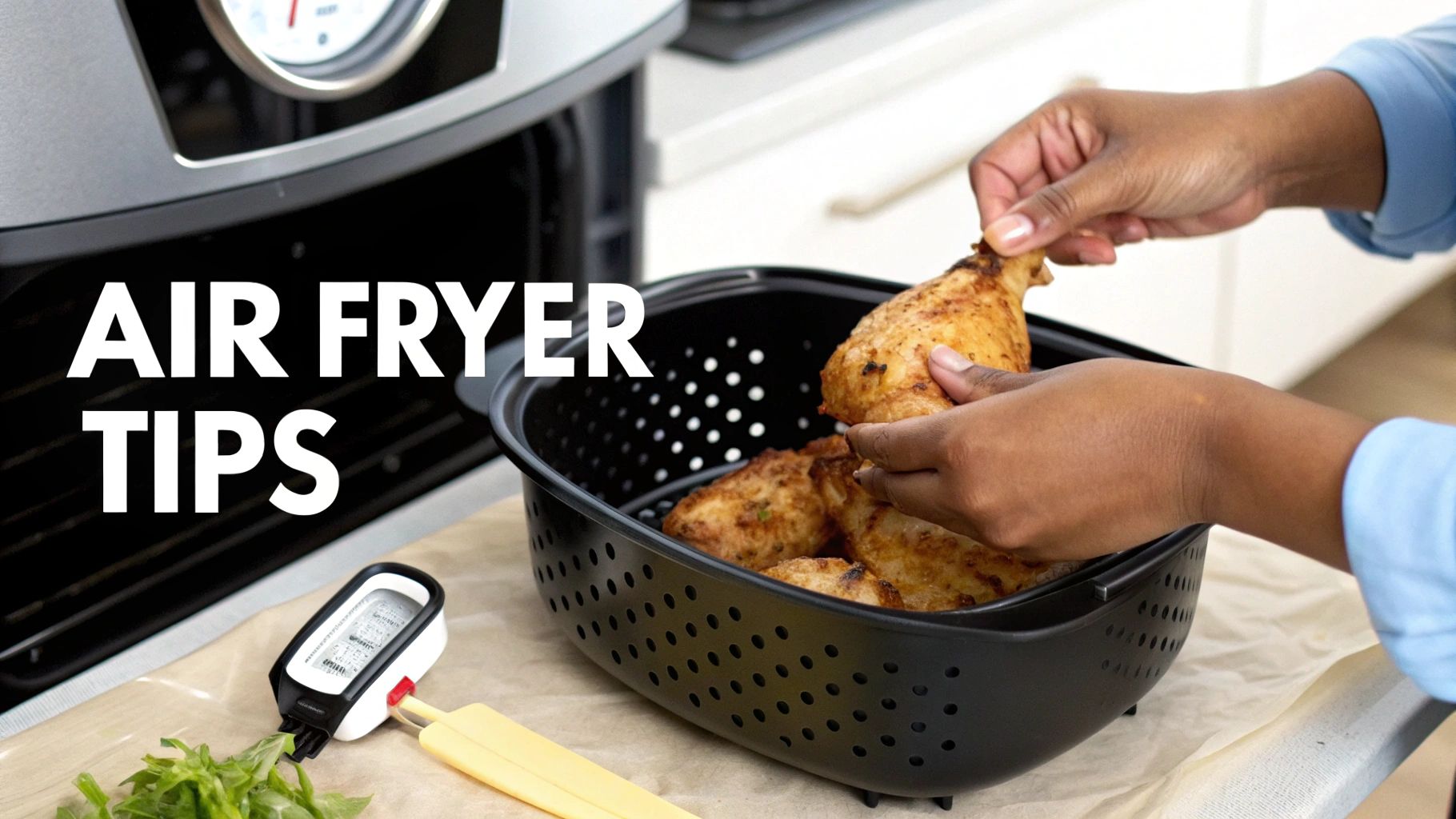 A person placing golden brown chicken pieces into an air fryer basket, with kitchen tools nearby.