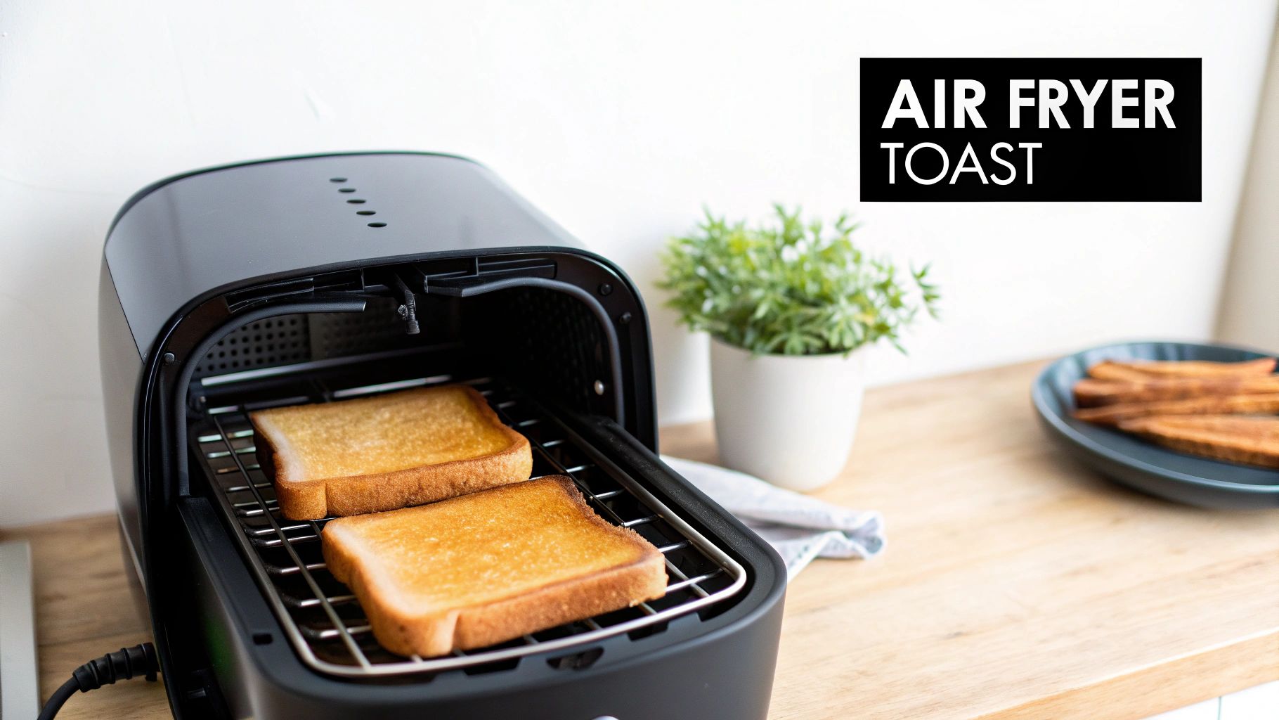 An air fryer basket holds two slices of perfectly golden-brown toast, with a text overlay 'AIR FRYER TOAST'.